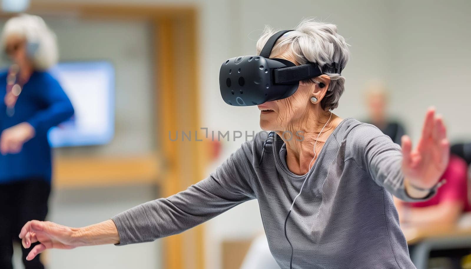 One woman mature senior caucasian female enjoy virtual reality by sarymsakov