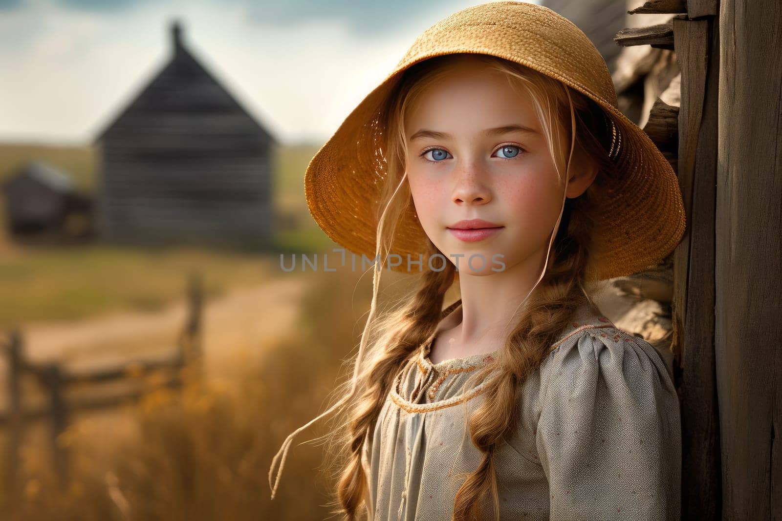 American farmer girl at wheat field. House farm. Generate Ai
