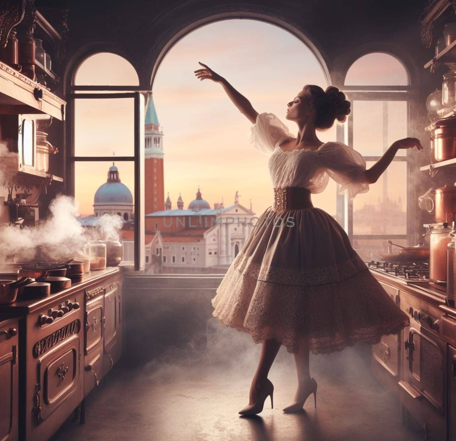 glamourous chef in steampunk kitchen with windiwn natural light cooking posing dancing singing illustration by verbano