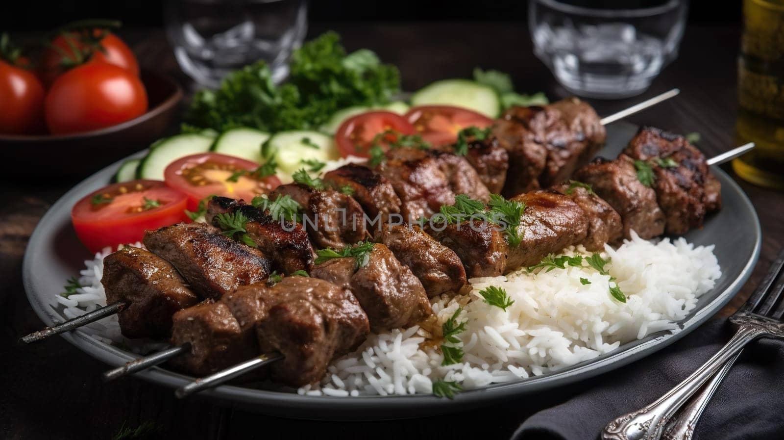 Grilled meat skewers served with rice and fresh salad