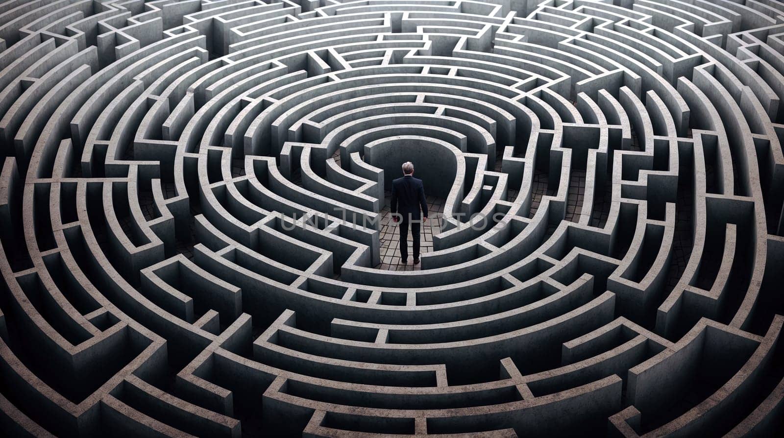A lone businessman stands at the center of a complex maze, symbolizing the search for solutions and direction - Generative AI