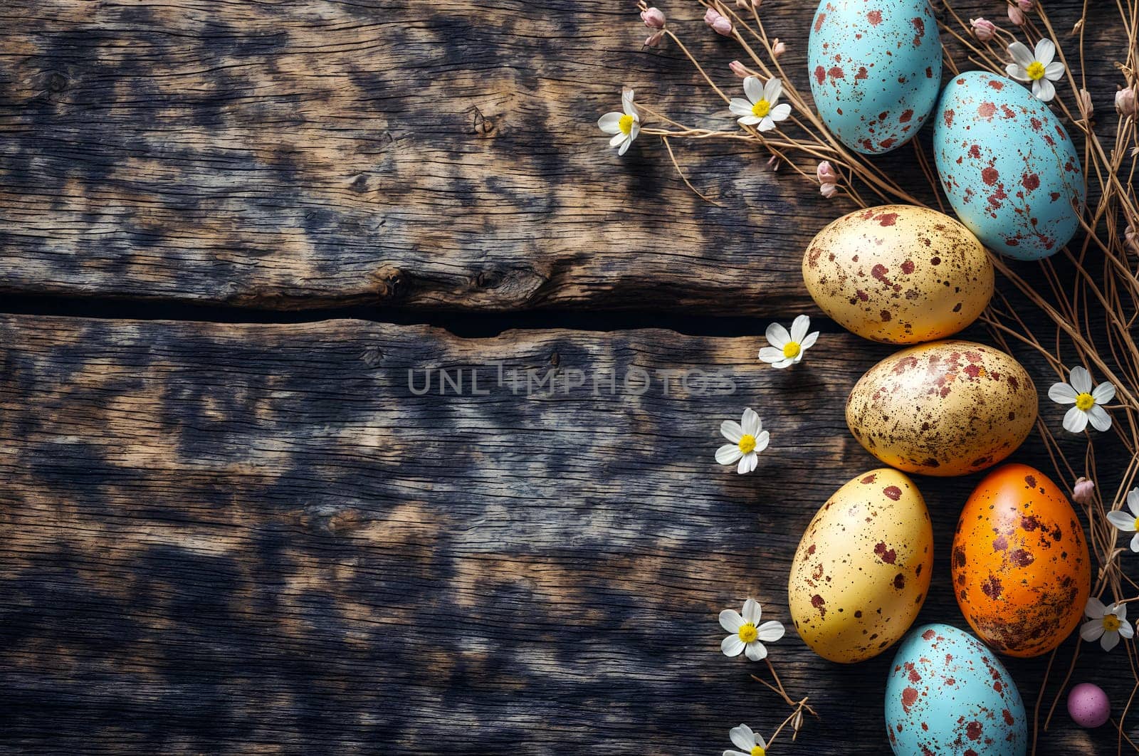 painted easter eggs and flowers on a rustic wooden background, embodying the joy of spring by chrisroll