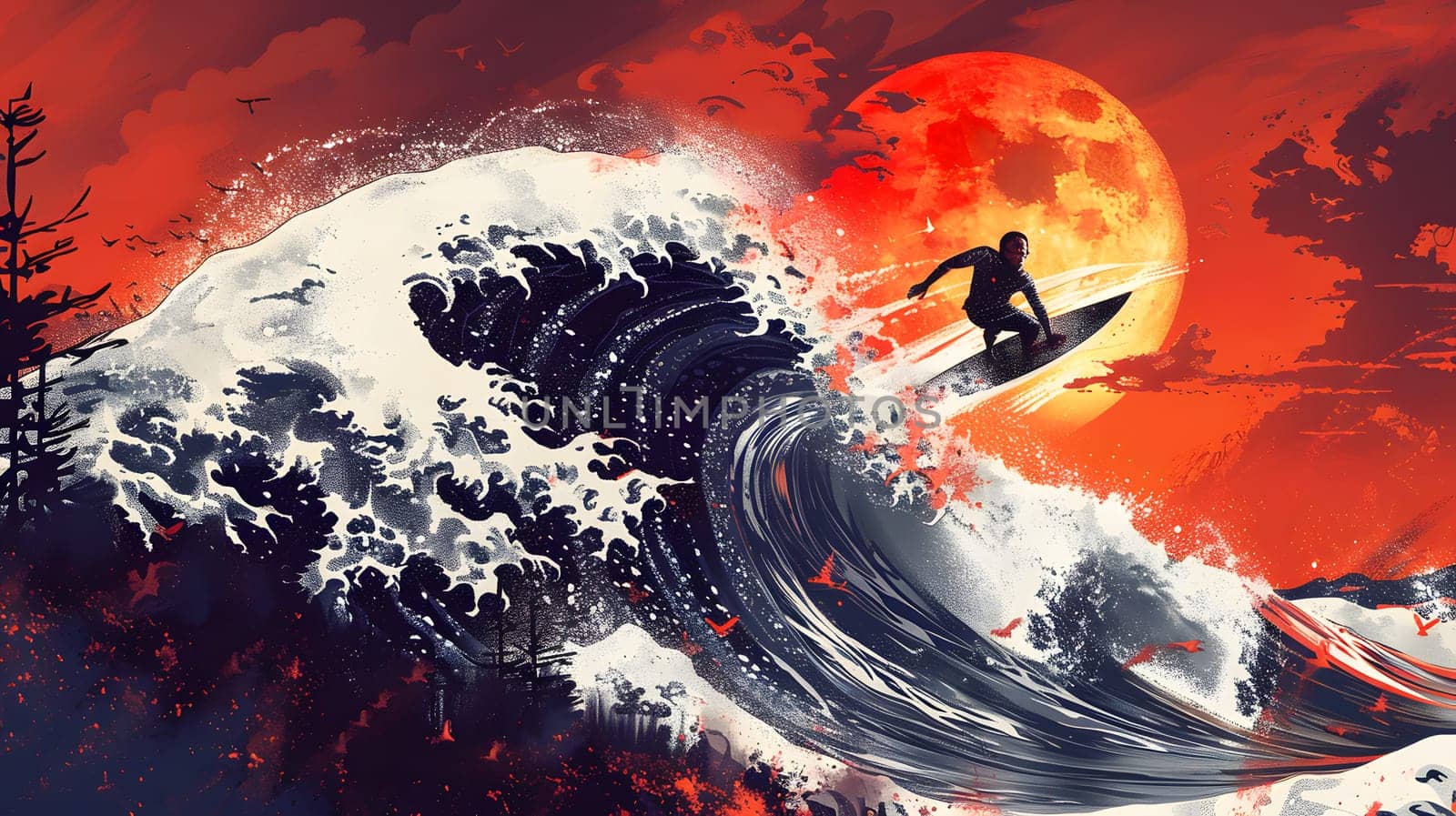 An artistic painting of a man riding a wind wave on a surfboard under a full moon, capturing the beauty of the world and astronomical objects