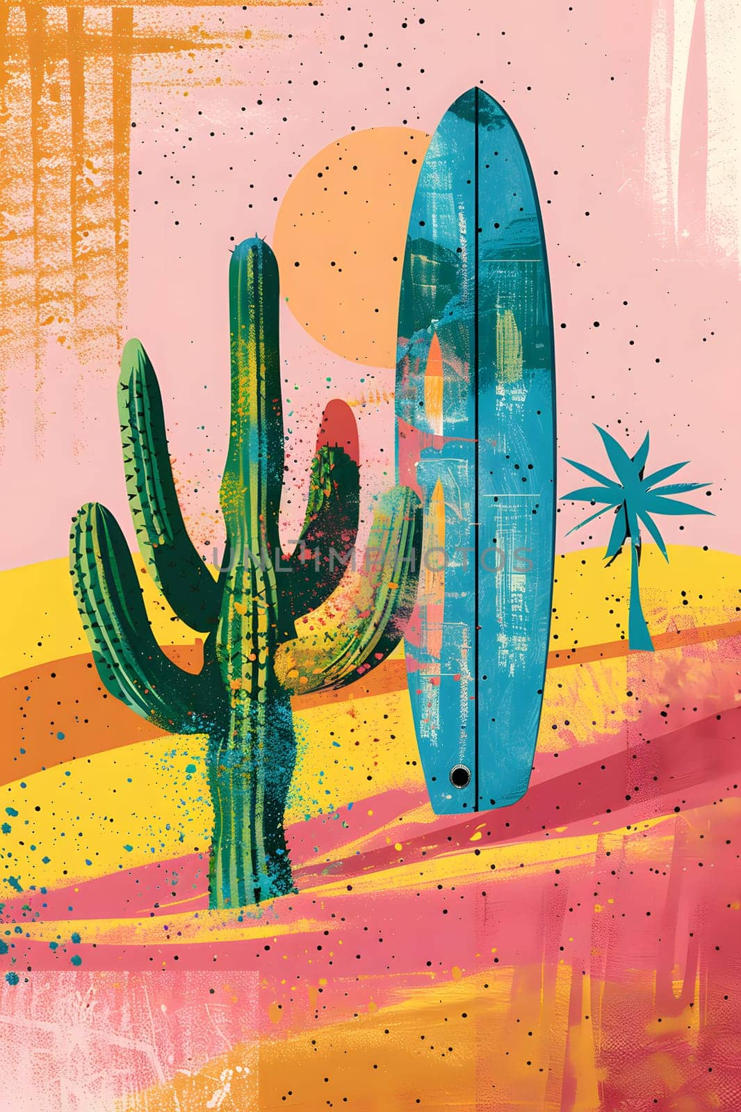 A vibrant painting of a cactus and surfboard on a sandy beach, with azure waves in the background. The wooden frame adds a rustic touch to the art piece