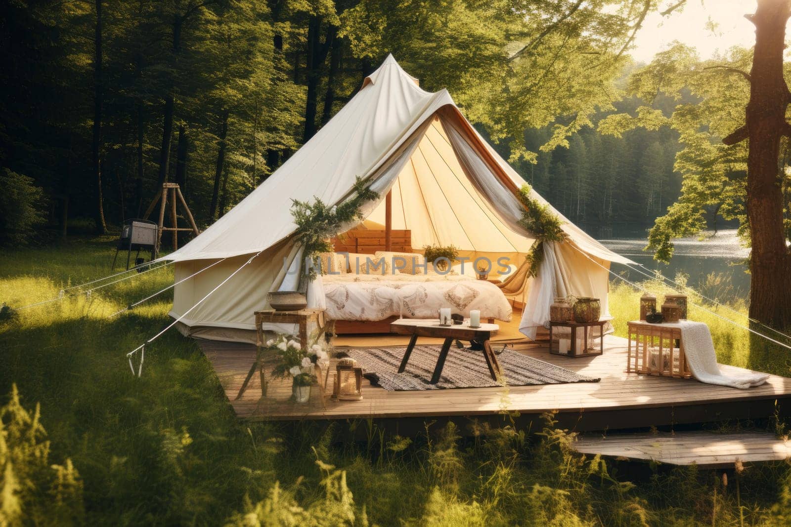Relaxing Summer glamping tent. Holiday outdoor. Generate Ai