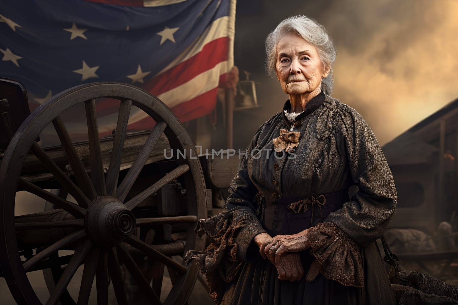 Heroic American old woman military vintage. Patriotic portrait. Generate Ai