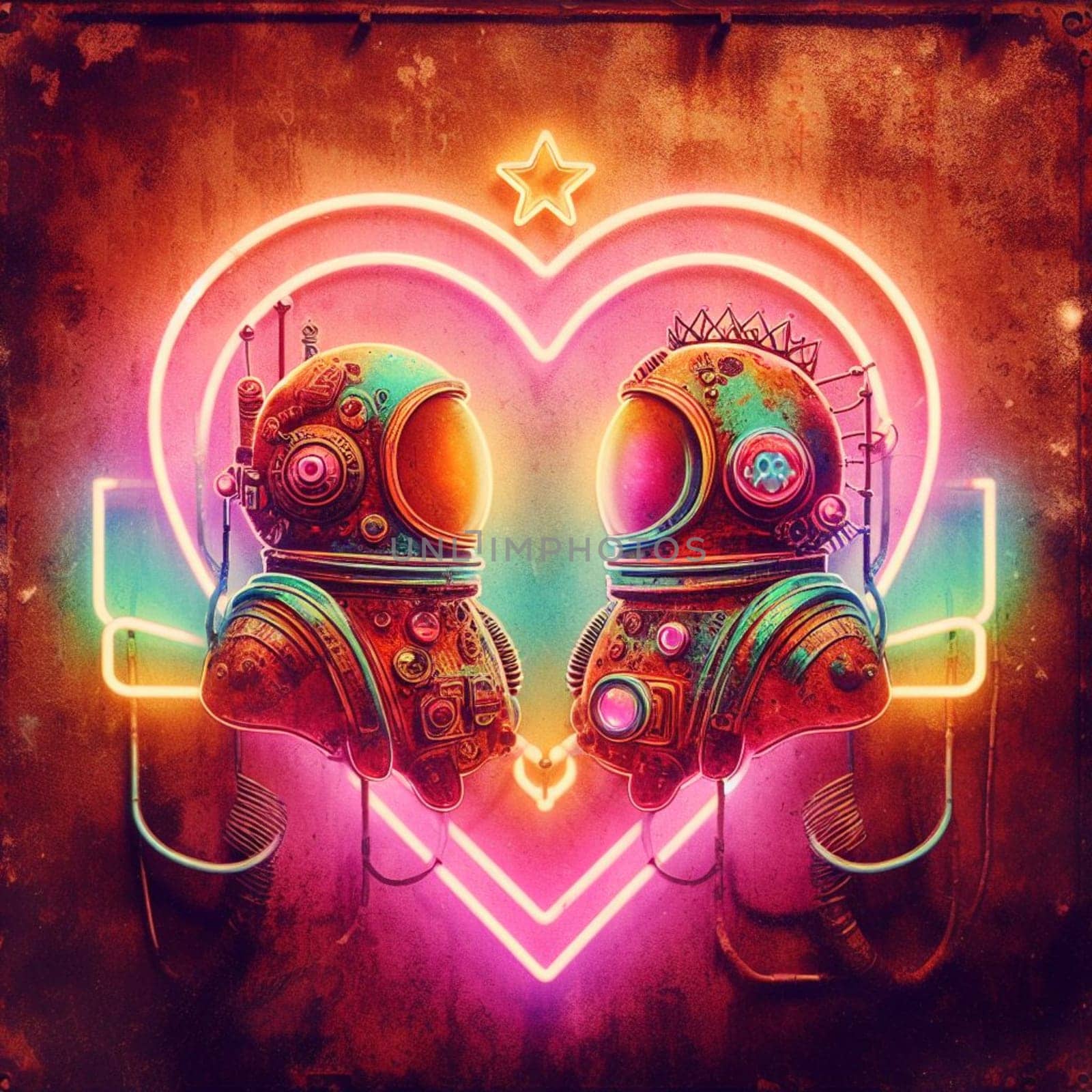 steampunk astronaut king and queen in love neon sign valentine illustration concept rusty background by verbano