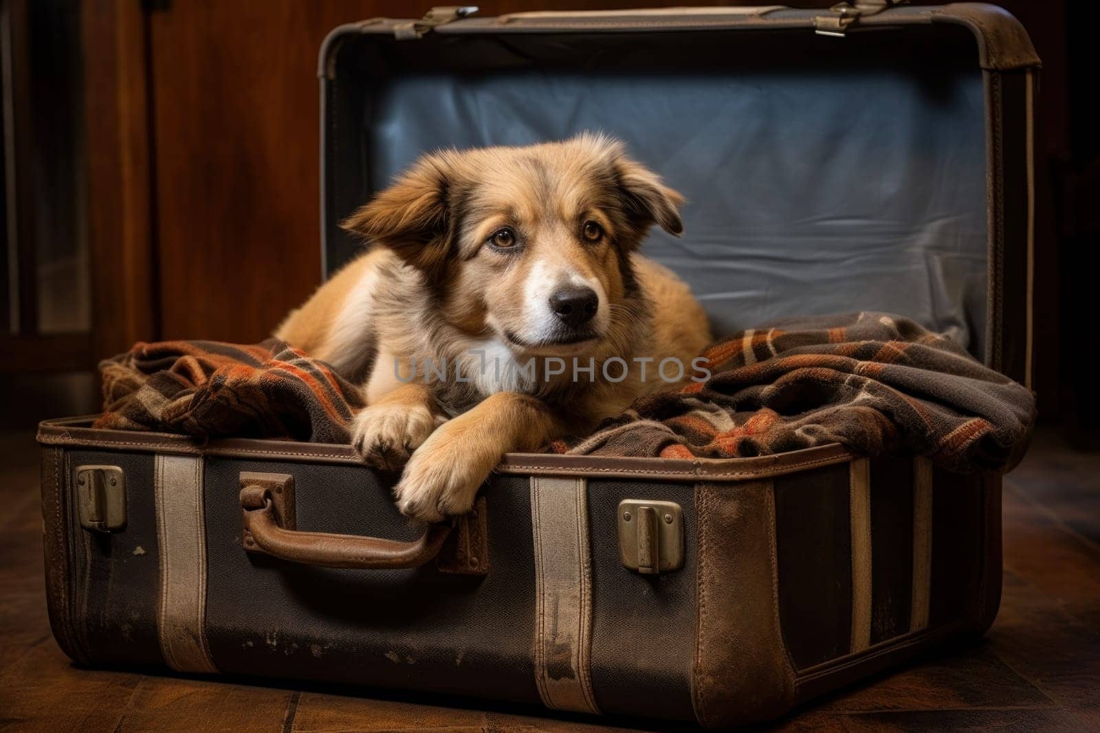Adventurous Dog sit at open suitcase. Vacation travel. Generate Ai