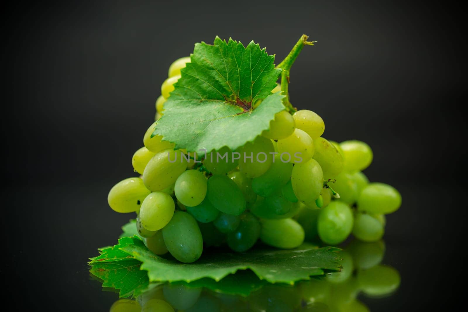 A bunch of ripe green grapes with leaves. by Rawlik