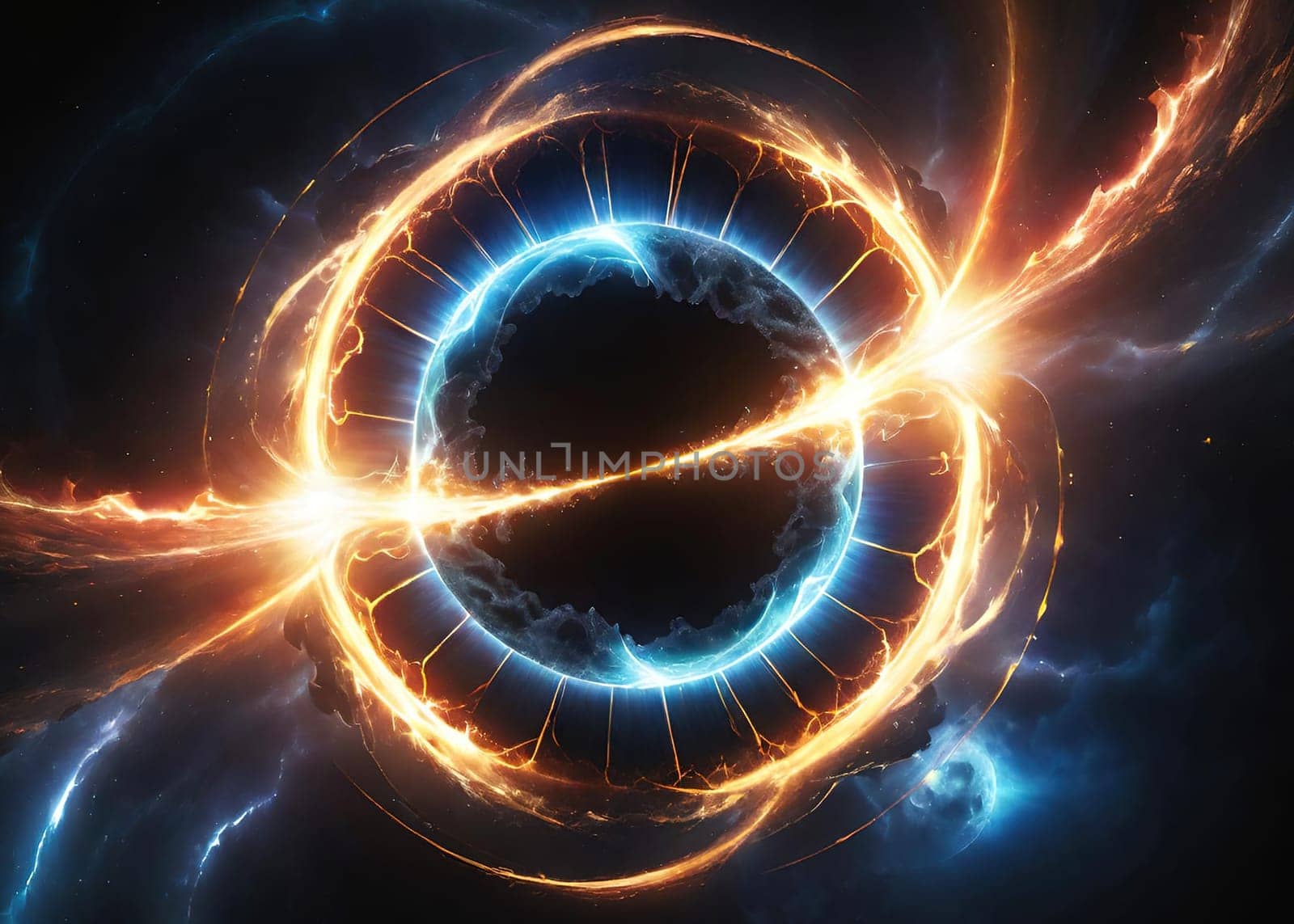 Futuristic abstract background for multiple projects such as science, music, art and technology. Circular energy explosion.Fiery circle on a dark background, computer generated abstract background.
