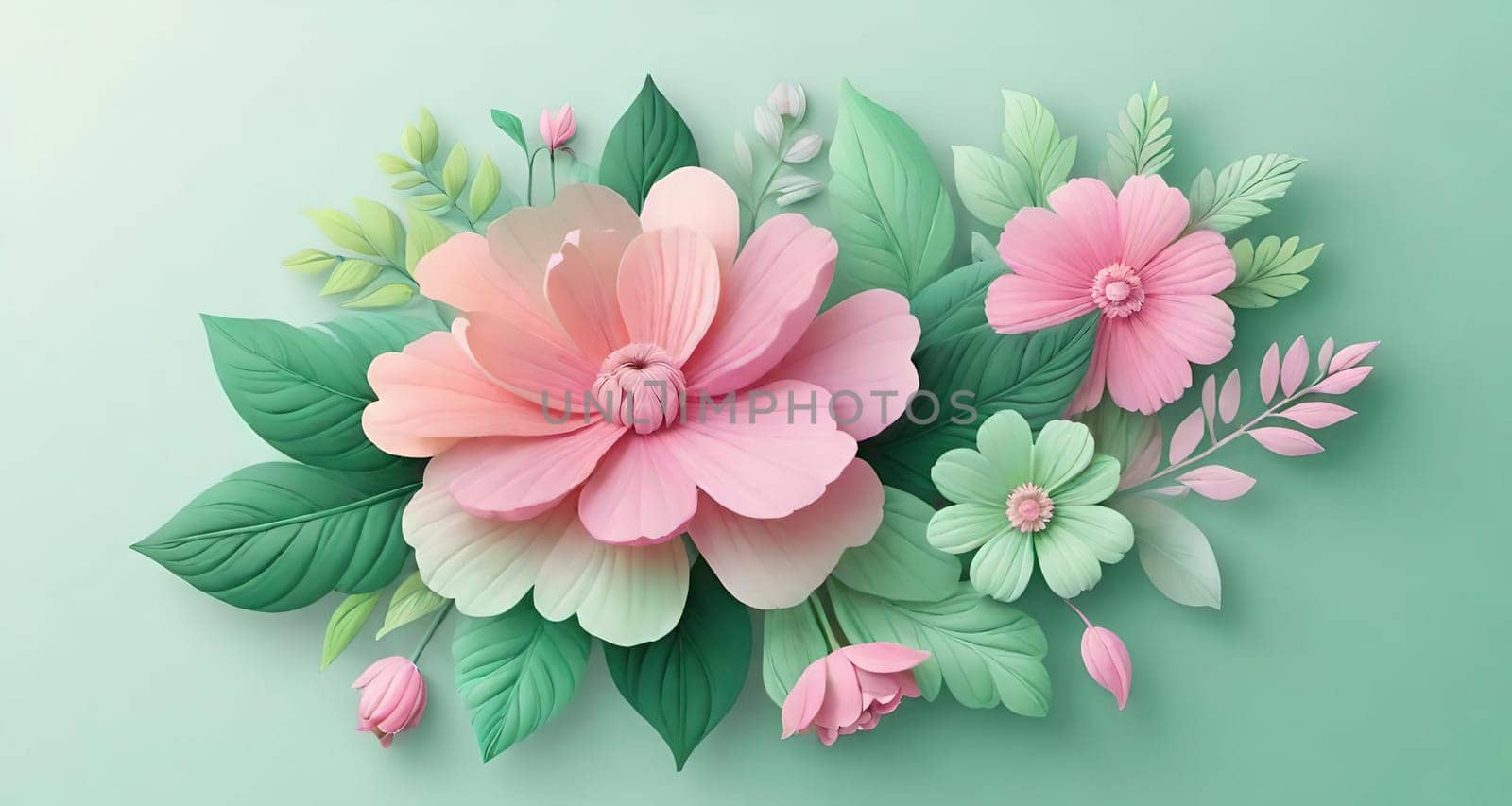 Floral background with pink flowers and green leaves. Vector illustration.Paper art floral background with pink flowers and green leaves.Spring background with pink flowers and green leaves. Beautiful floral background.Creative layout made of flowers and leaves on pastel green background. Flat lay, top view, copy space.