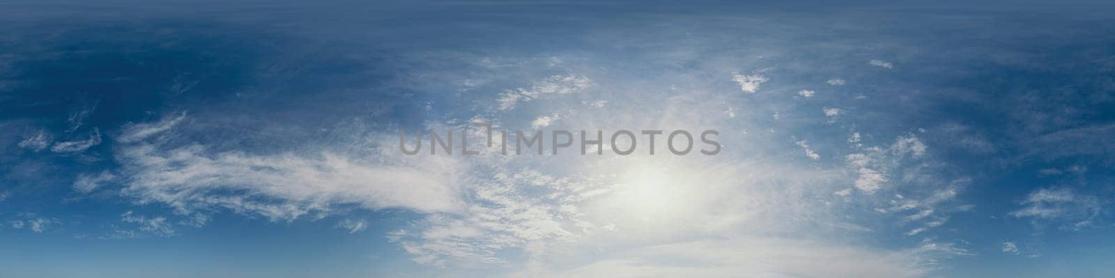 Dark blue sunset sky panorama with light Cirrus clouds. Seamless hdr 360 panorama in spherical equirectangular format. Full zenith for 3D visualization, sky replacement for aerial drone panoramas. by panophotograph