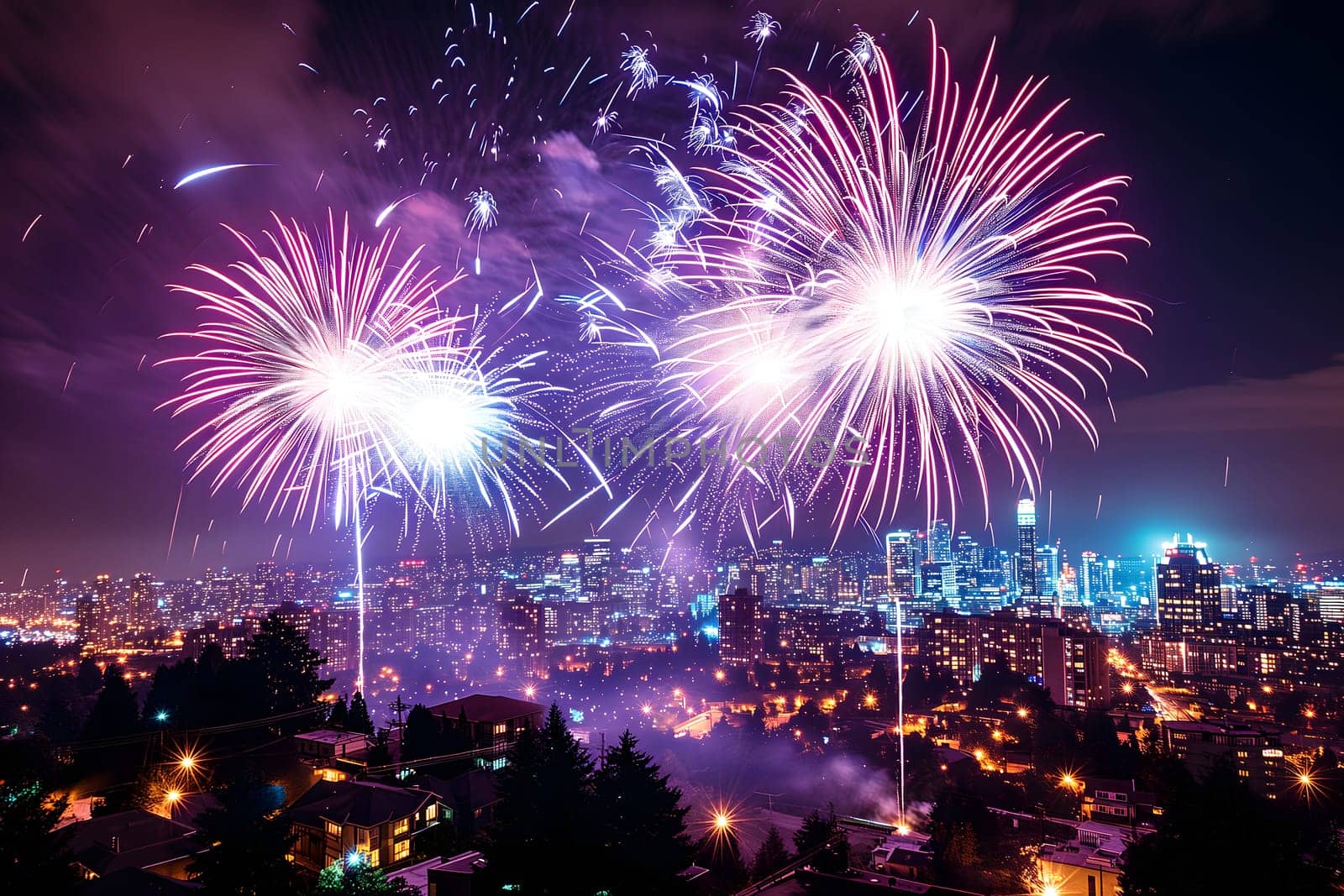 A spectacular image of fireworks illuminating the night sky over a city. Neural network generated in January 2024. Not based on any actual scene or pattern.