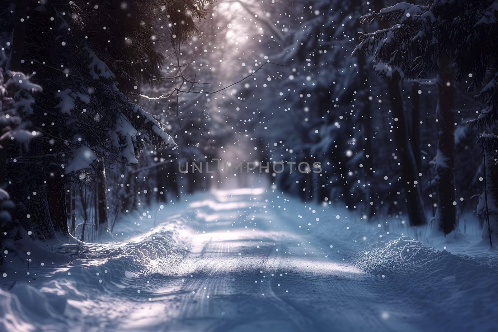 Winter snowfall over empty forest road. Neural network generated in January 2024. Not based on any actual scene or pattern.