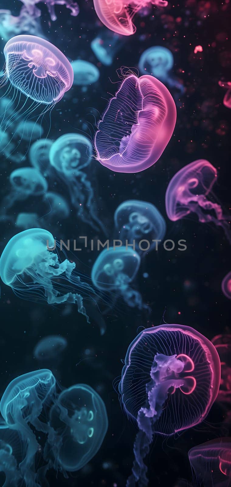 glowing sea jellyfishes on dark background, neural network generated art. Neural network generated in January 2024. Not based on any actual scene or pattern.
