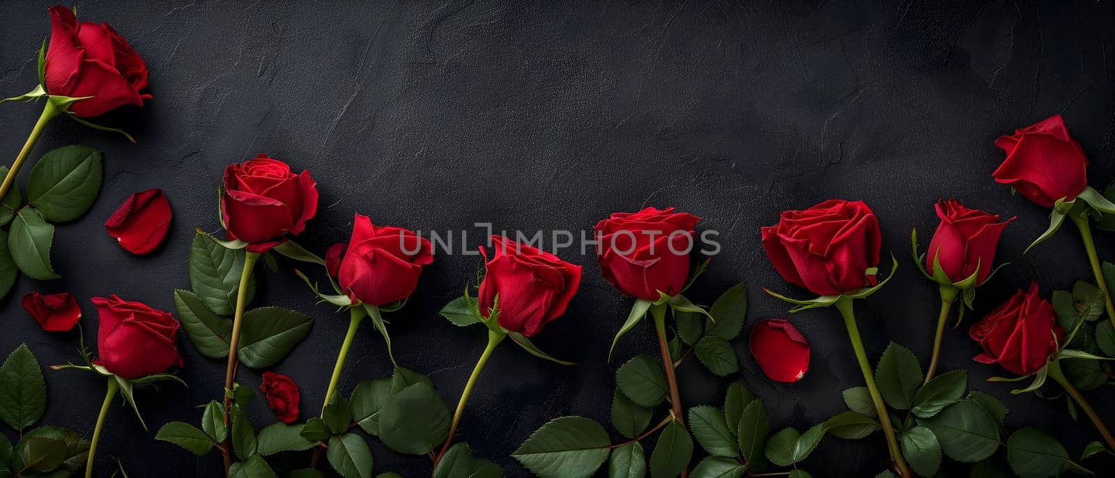 Red roses on black background with copy space. Neural network generated image. Not based on any actual person or scene.