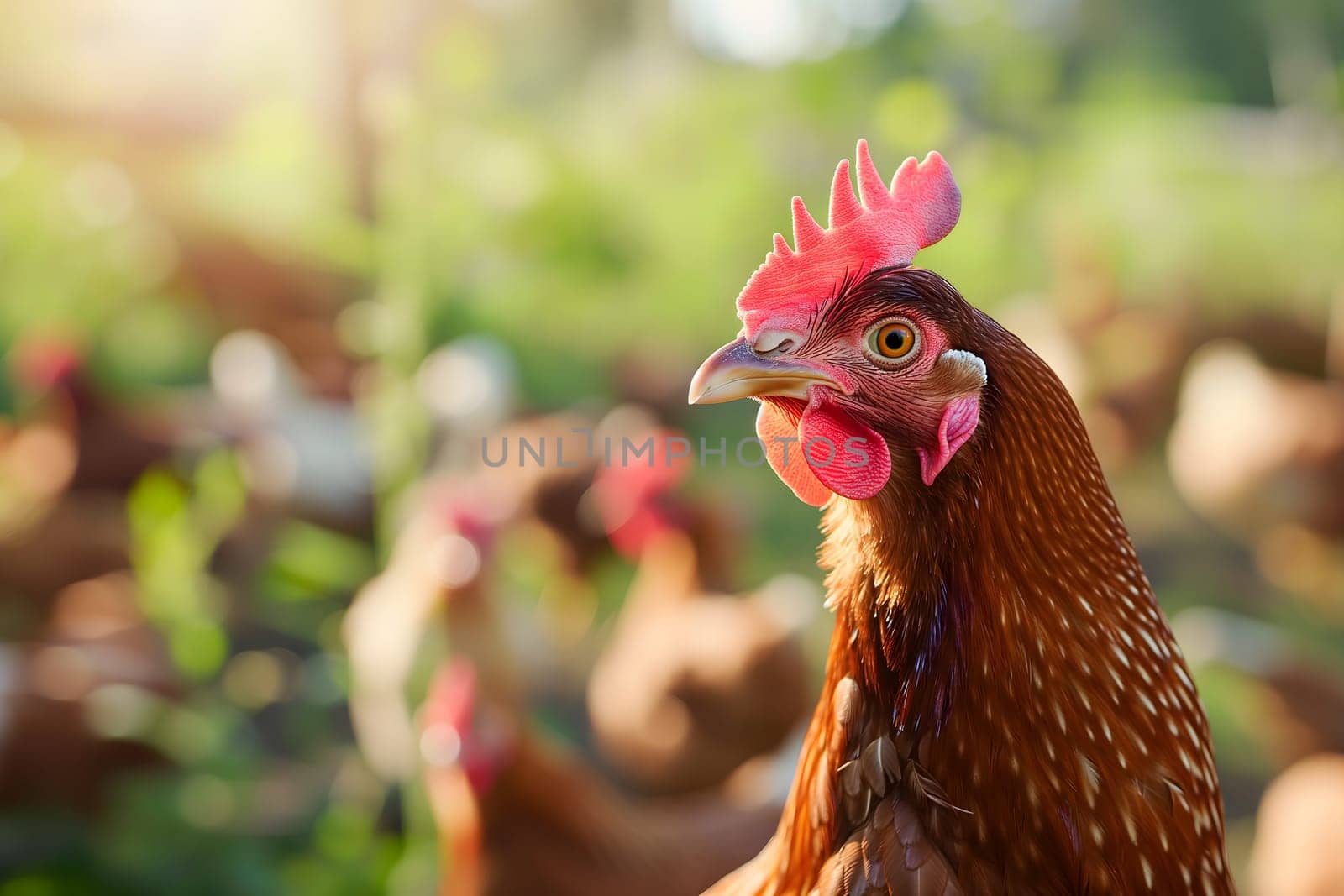 Portrait of hen on the chicken farm, closeup with bokeh. Neural network generated image. Not based on any actual person or scene.