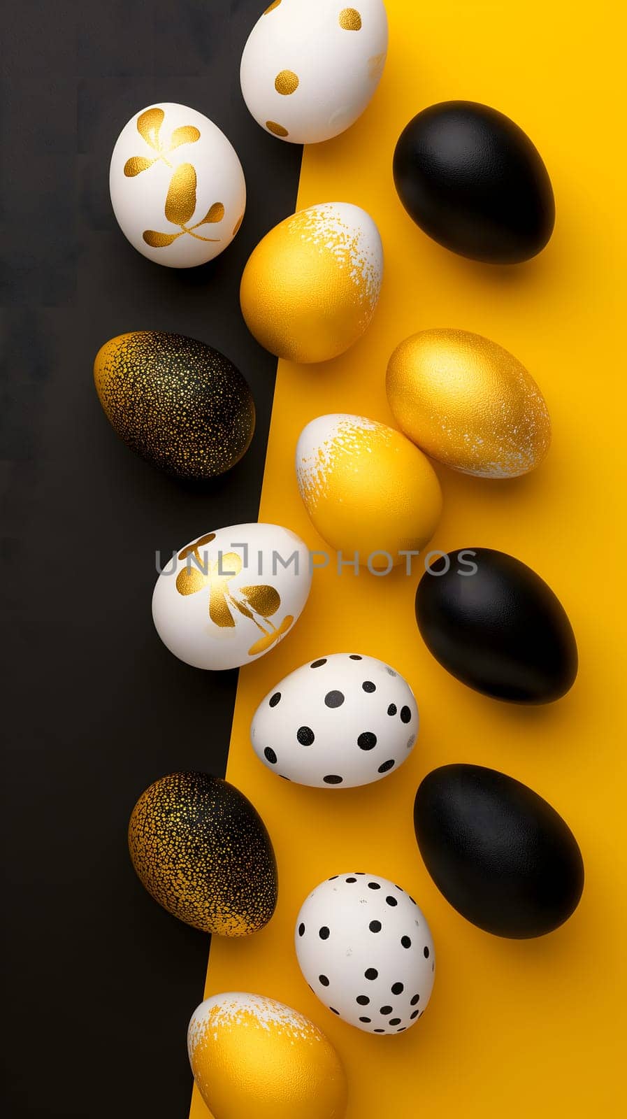 Golden, black, white Easter eggs on a yellow-black background. geometry. Minimal concept. View from above. Neural network generated image. Not based on any actual scene or pattern.