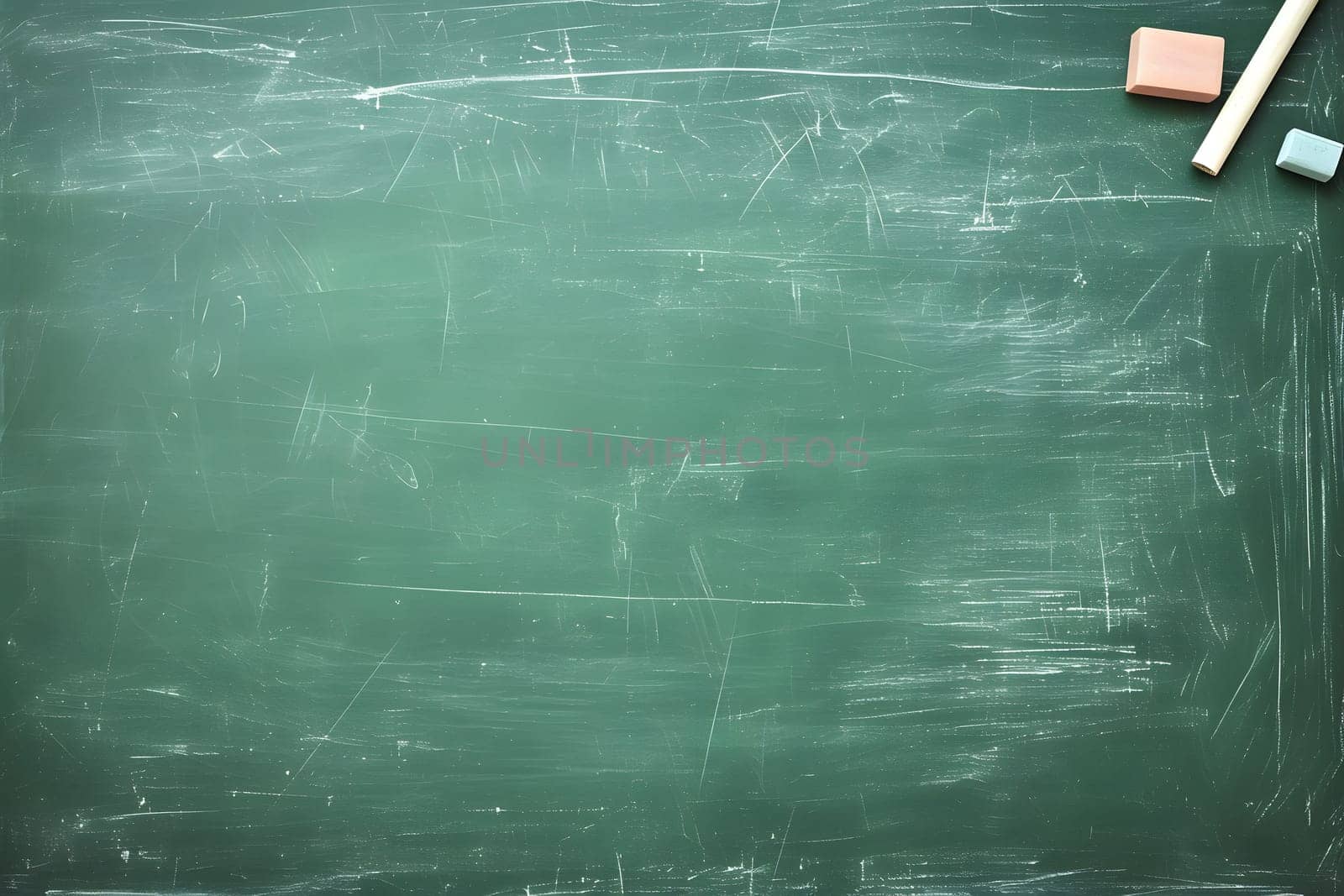 First-class, An empty green chalkboard with an eraser and white chalk, ready for Teacher's Day. Neural network generated image. Not based on any actual scene or pattern.