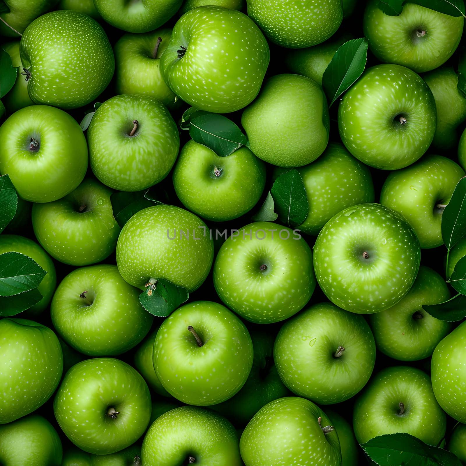 Seamless texture and background of green apples pile with high angle view. Neural network generated image. Not based on any actual scene or pattern.