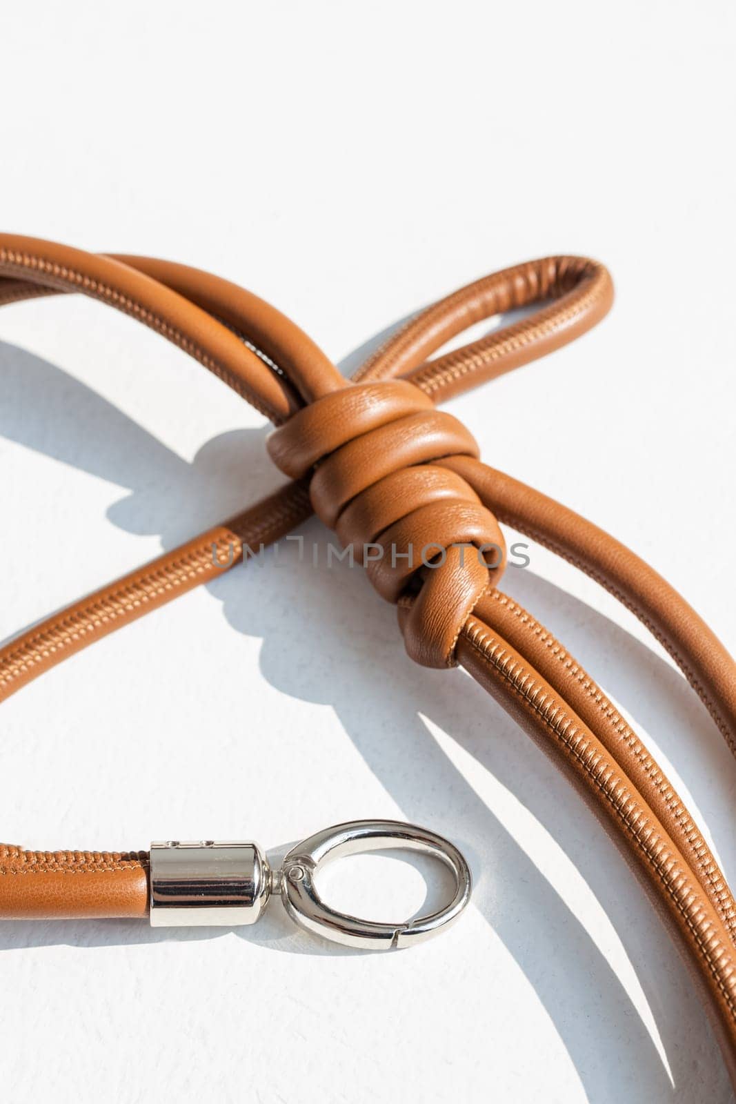 Genuine leather bag strap or handbag handle in brown color isolated on white background by Pukhovskiy