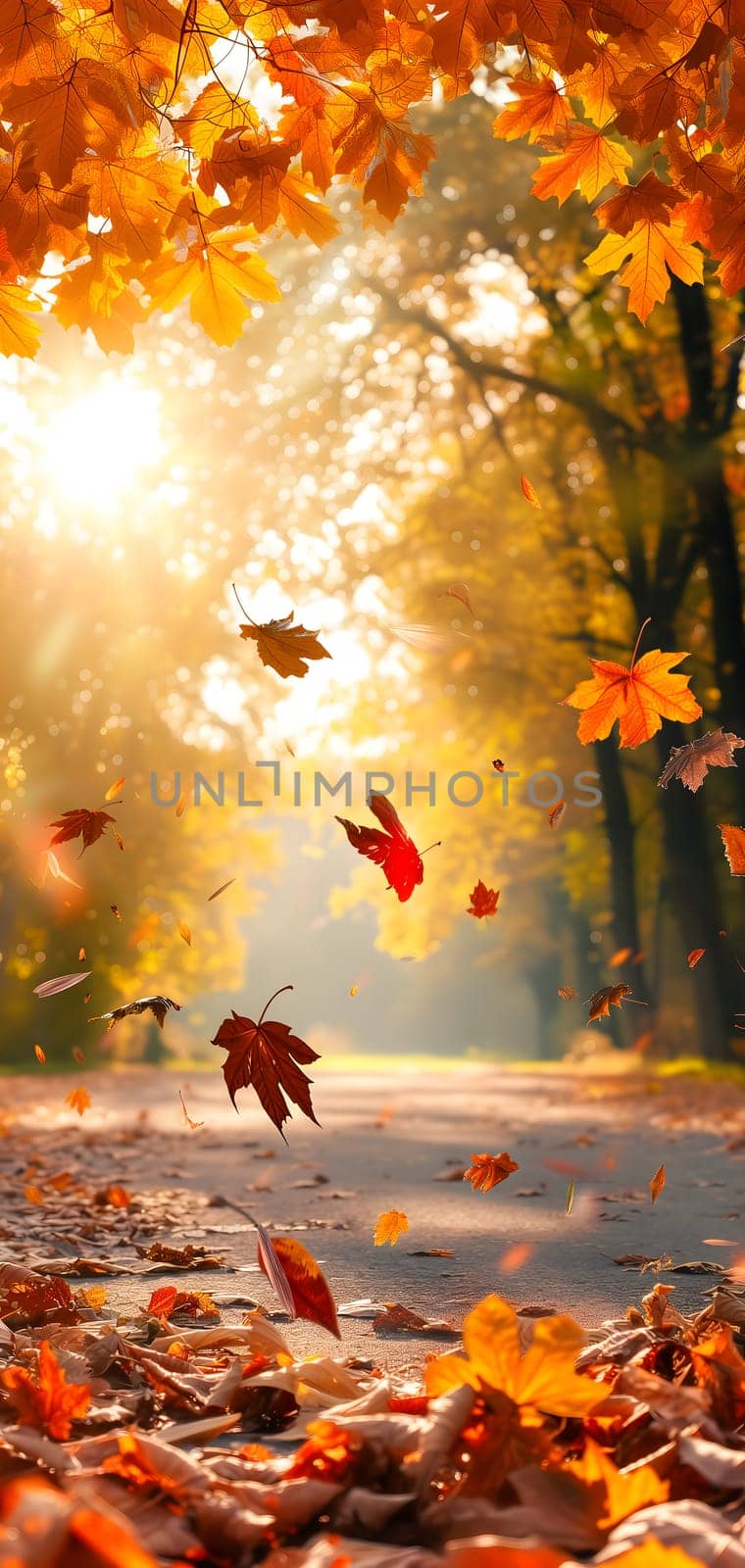 Beautiful autumn view with colorful foliage in the park. Falling leaves background with copy space and selective focus. Neural network generated in January 2024. Not based on any actual scene or pattern.