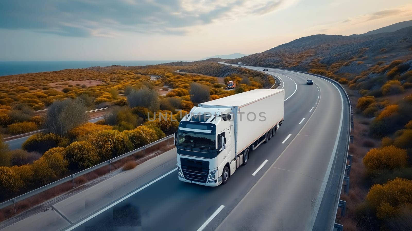 White European semitruck is seen from the sky on a highway backed by vegetation. Neural network generated image. Not based on any actual scene or pattern.