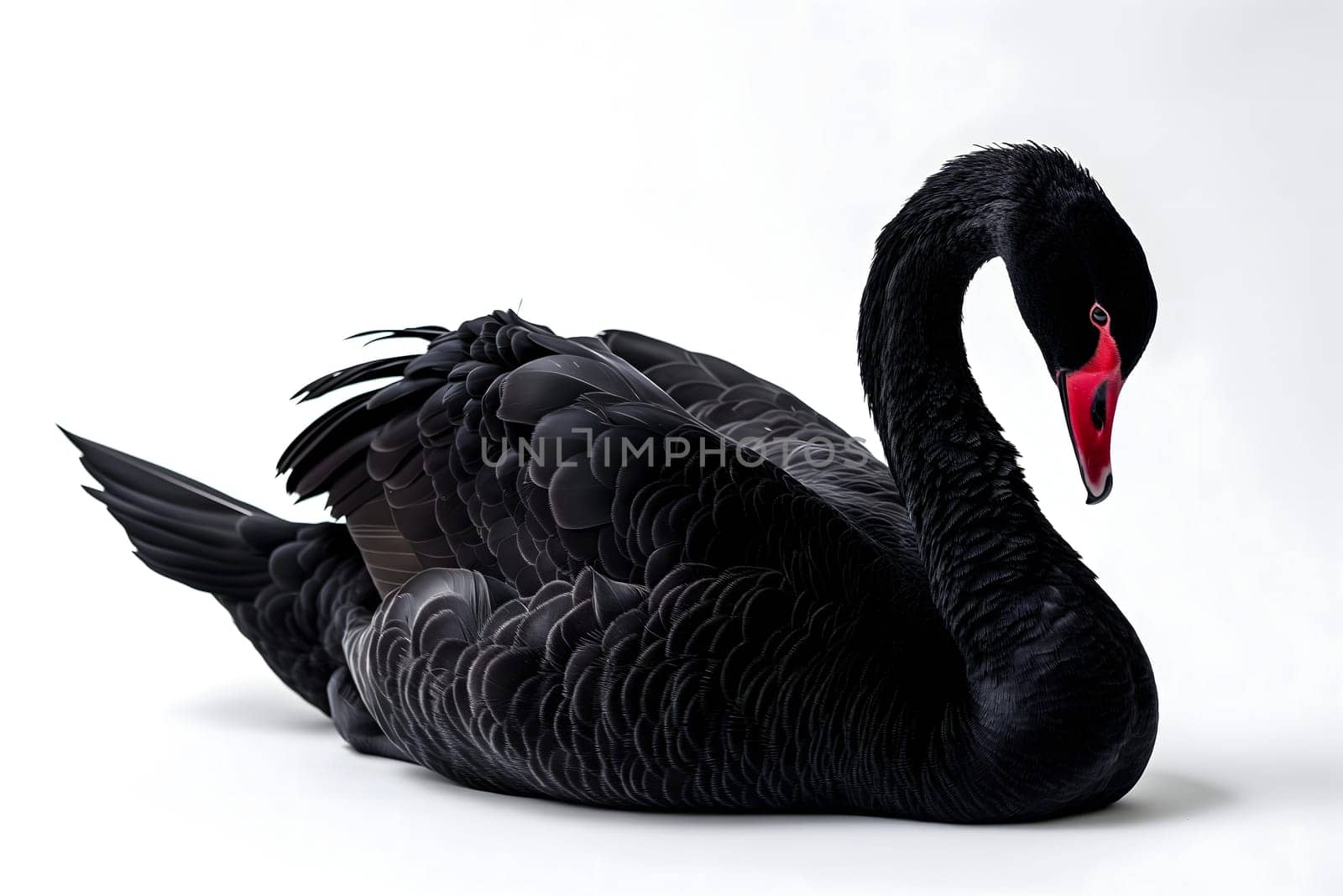 Black swan on white background. Neural network generated image. Not based on any actual scene or pattern.