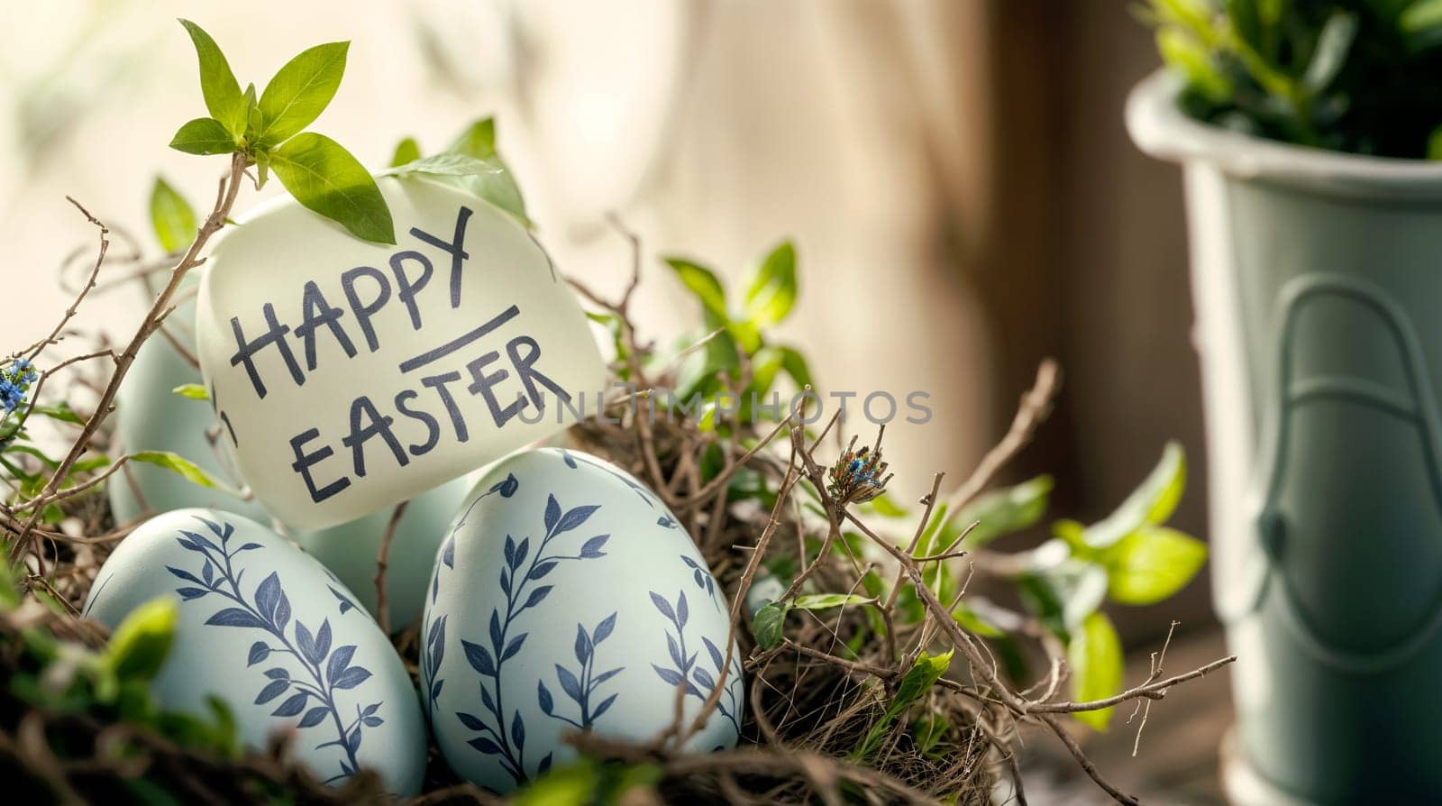 Happy Easter Greeting With Painted Eggs Nestled in a Birds Nest by chrisroll