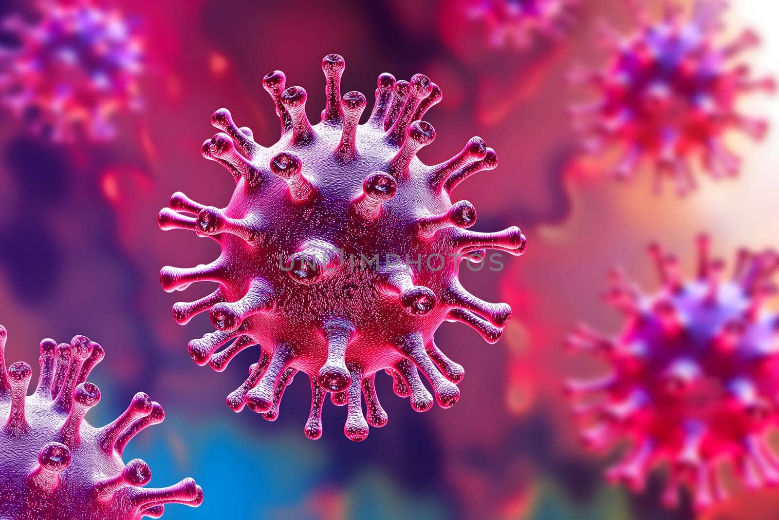 Red coronaviruses micro scene background. Neural network generated image. Not based on any actual scene or pattern.