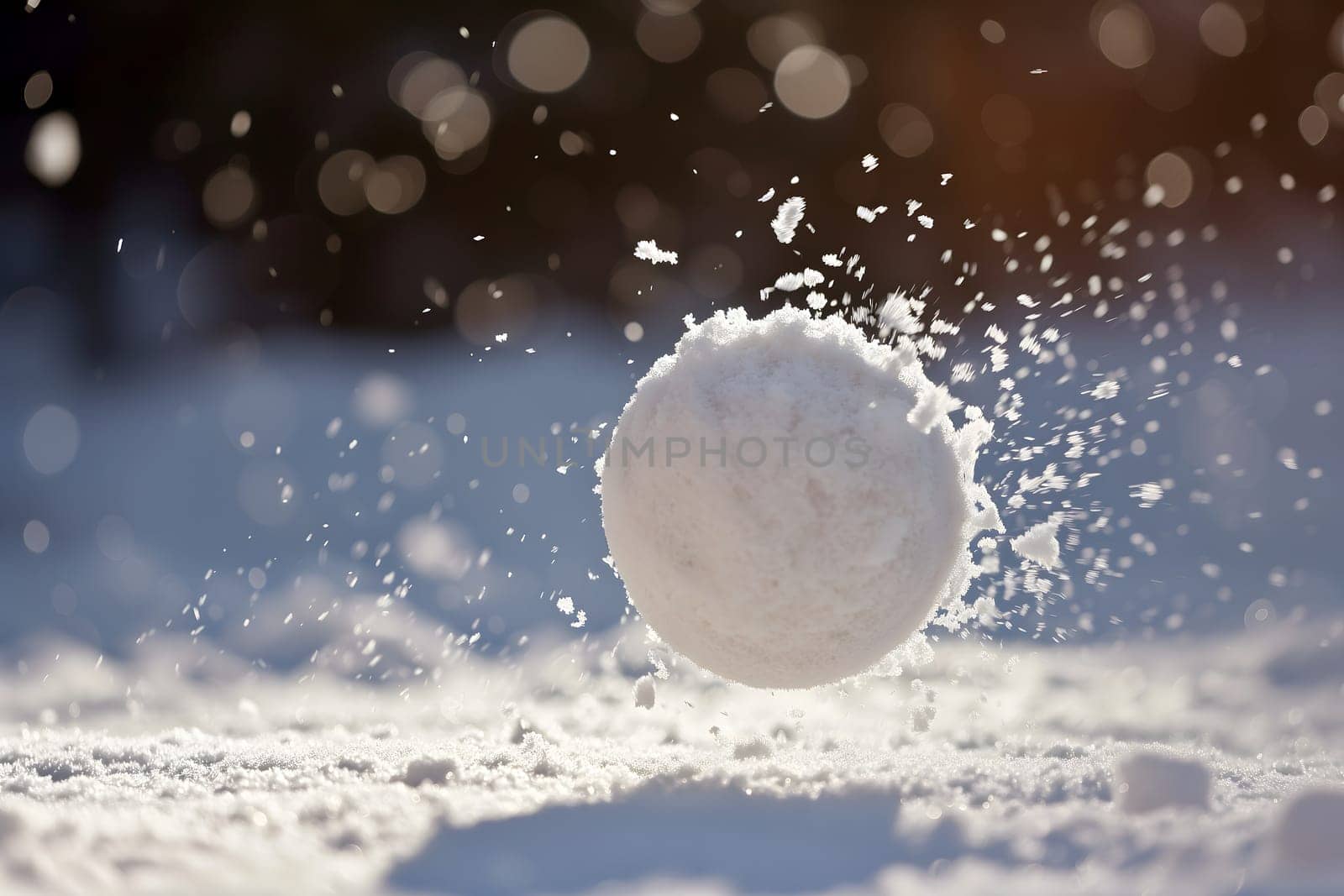 Snowball on snow covered ground at sunny winter day for snow ball effect concept. Neural network generated image. Not based on any actual scene or pattern.