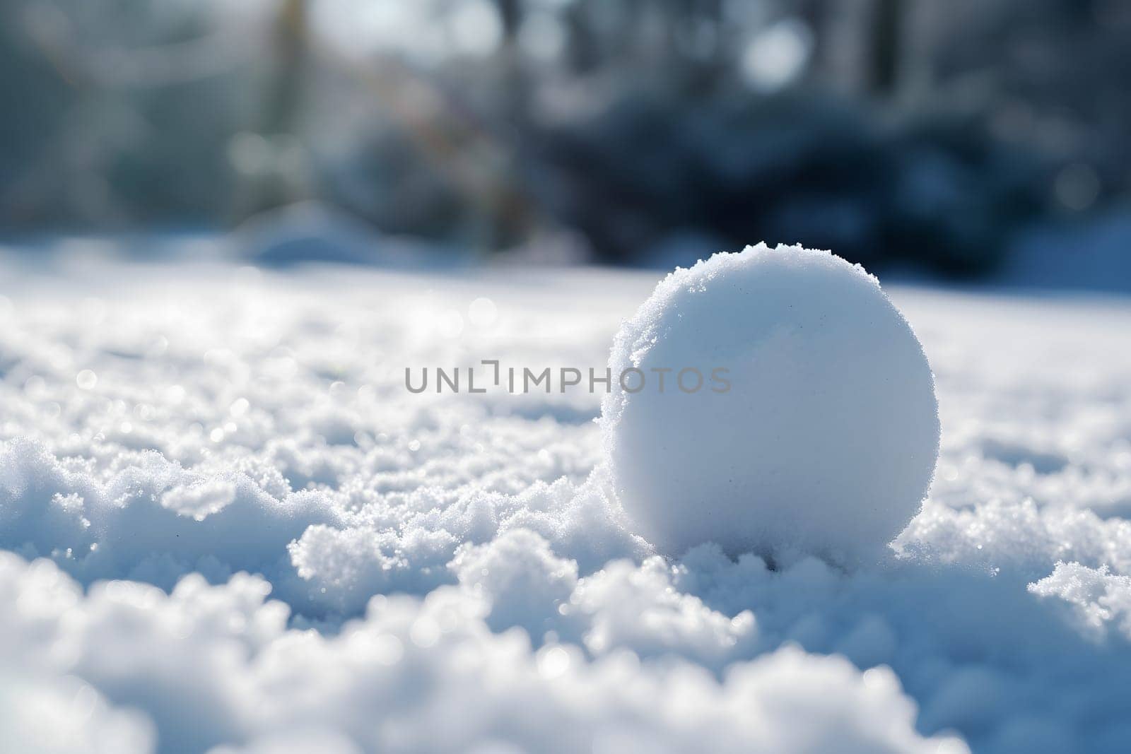 Snowball on snow covered ground at sunny winter day for snow ball effect concept. Neural network generated image. Not based on any actual scene or pattern.