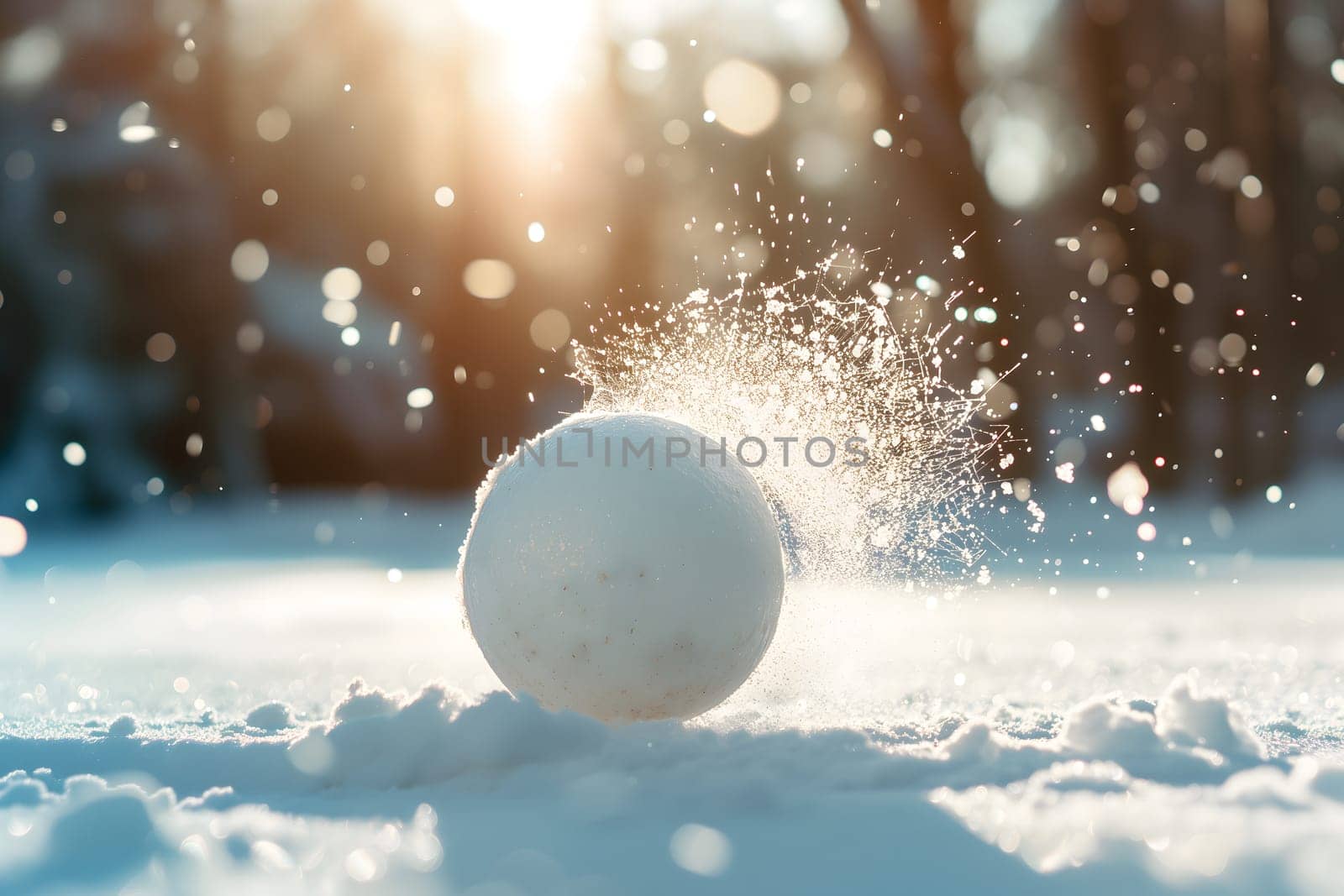 Snowball on snow covered ground at sunny winter day for snow ball effect concept. Neural network generated image. Not based on any actual scene or pattern.