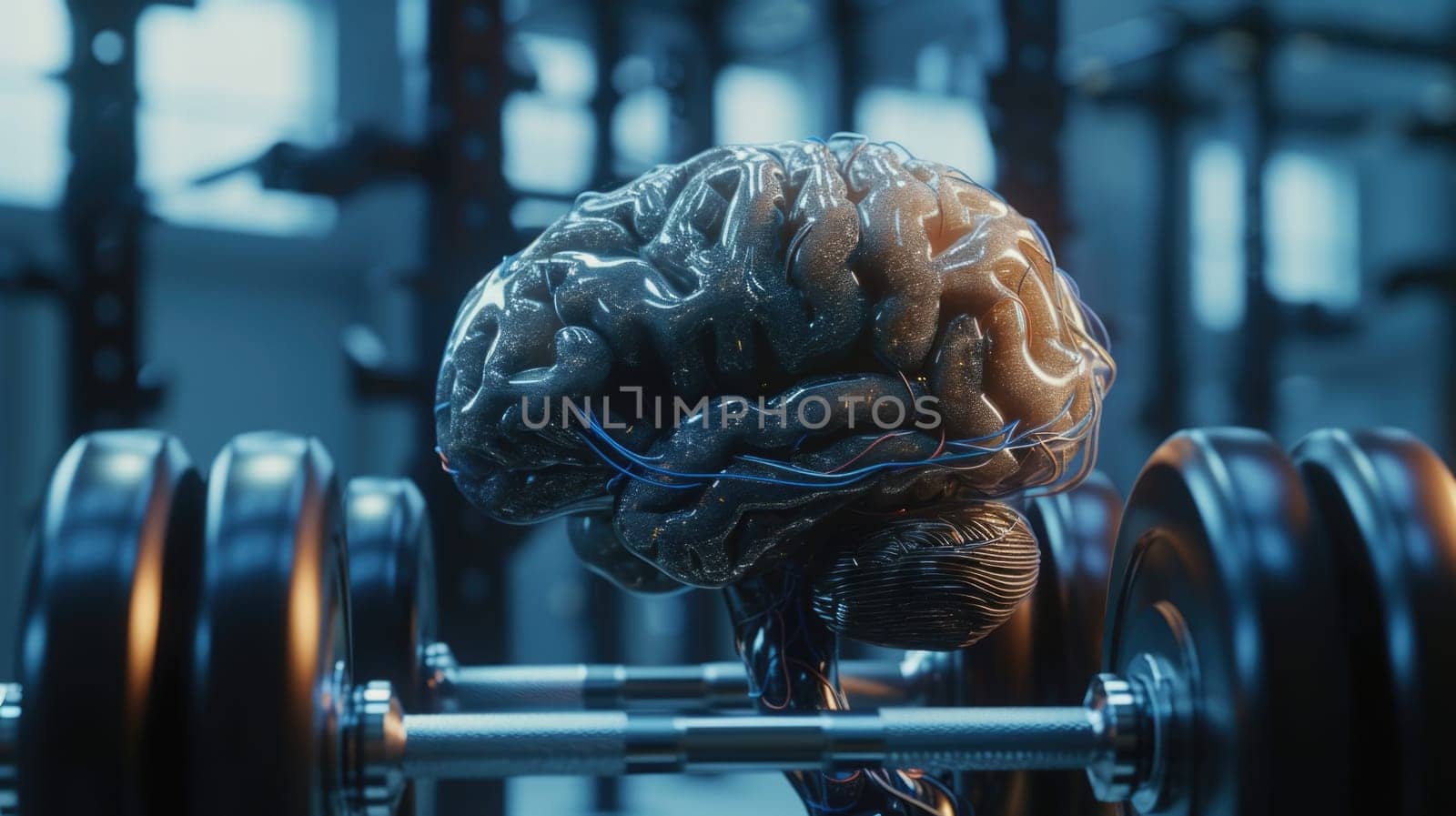 A photo showcasing a brain placed inside a machine with a barbell positioned in front of it.