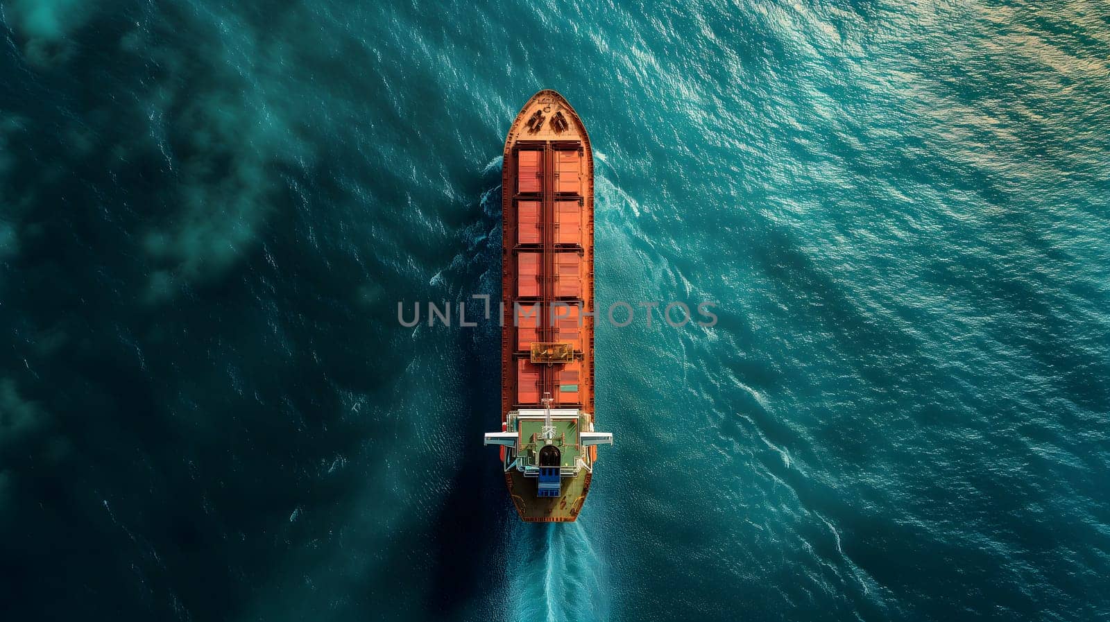 Cargo ship full of standard shipping containers at the sea during shipping at day time. Neural network generated image. Not based on any actual scene or pattern.