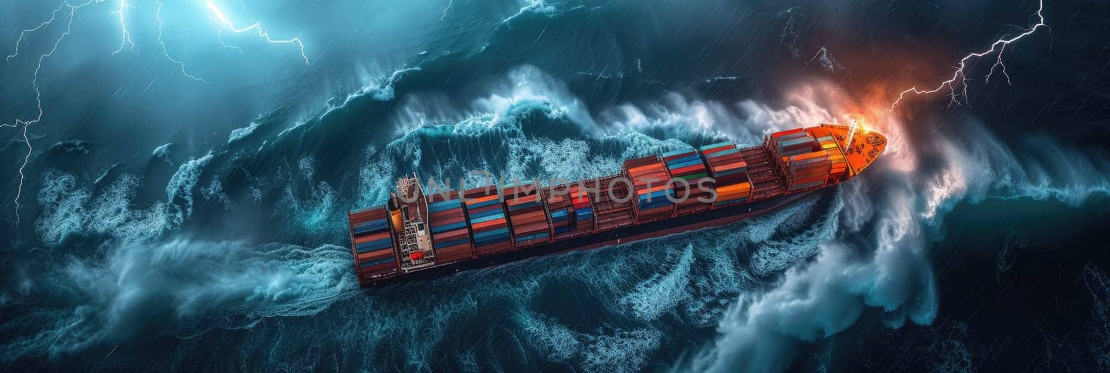 A large container ship braving turbulent waters during a severe storm.