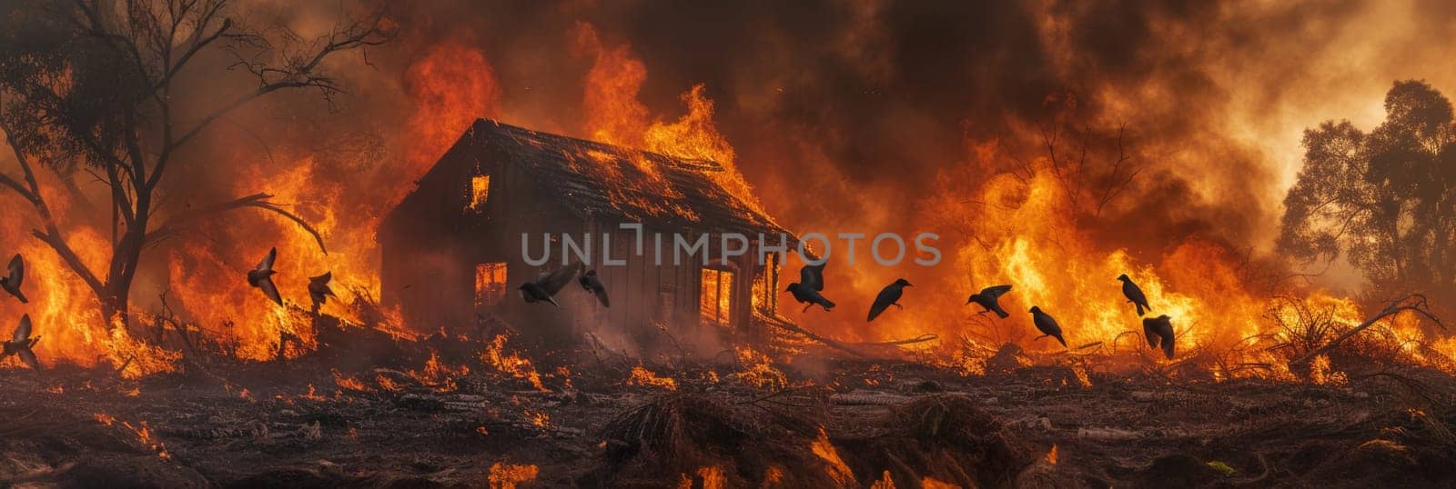 A photo capturing the intense scene of a house ablaze, surrounded by birds soaring in the air.