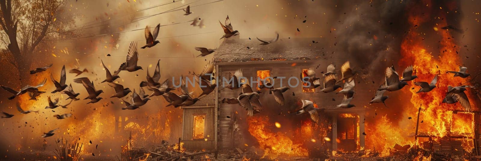 A group of birds in flight soaring above a raging, fiery inferno.