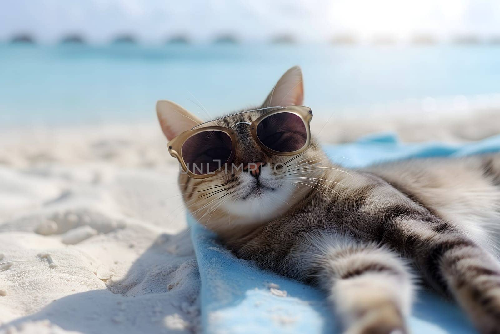 tabby cat with sunglasses laid on tropical beach, vacation theme. Neural network generated image. Not based on any actual person or scene.