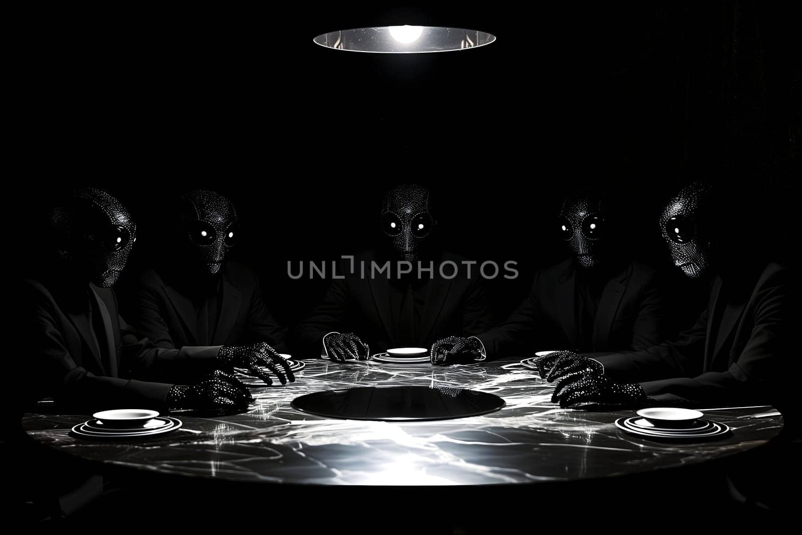 Group of reptile men in business suits sitting at the table in dark room, secret world government concept. Neural network generated image. Not based on any actual scene or pattern.