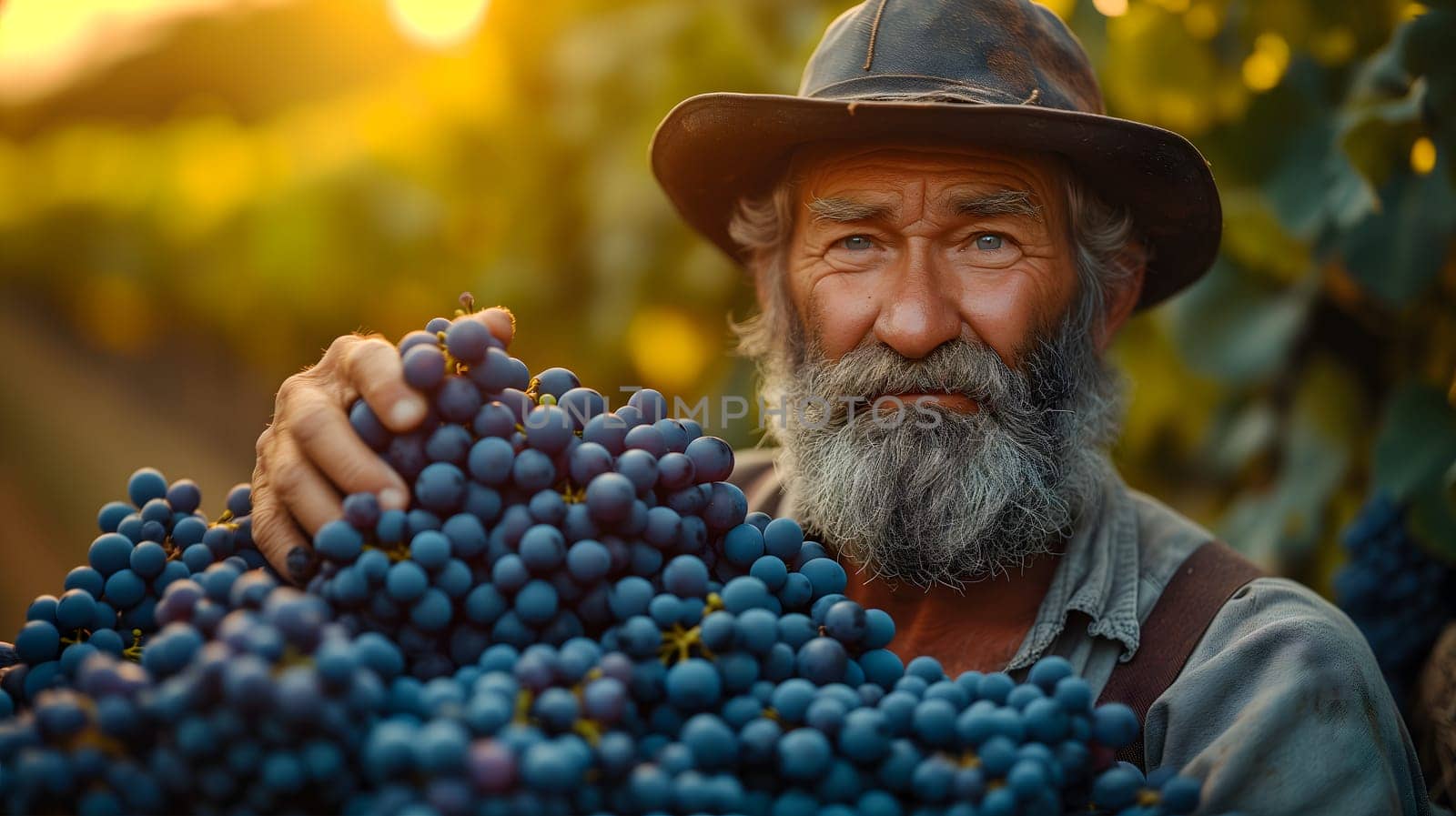 Close-up shot of weathered farmer hands gently harvesting ripe grapes in a sunlit vineyard. Neural network generated image. Not based on any actual scene or pattern.