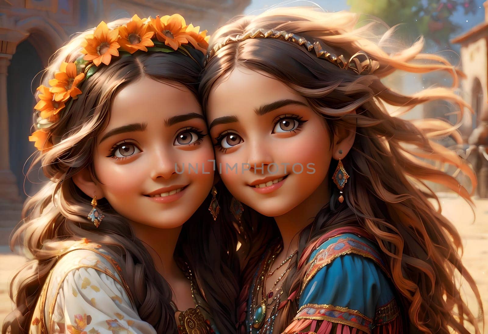 Beautiful gypsy children in elegant gypsy costumes .AI generated image.