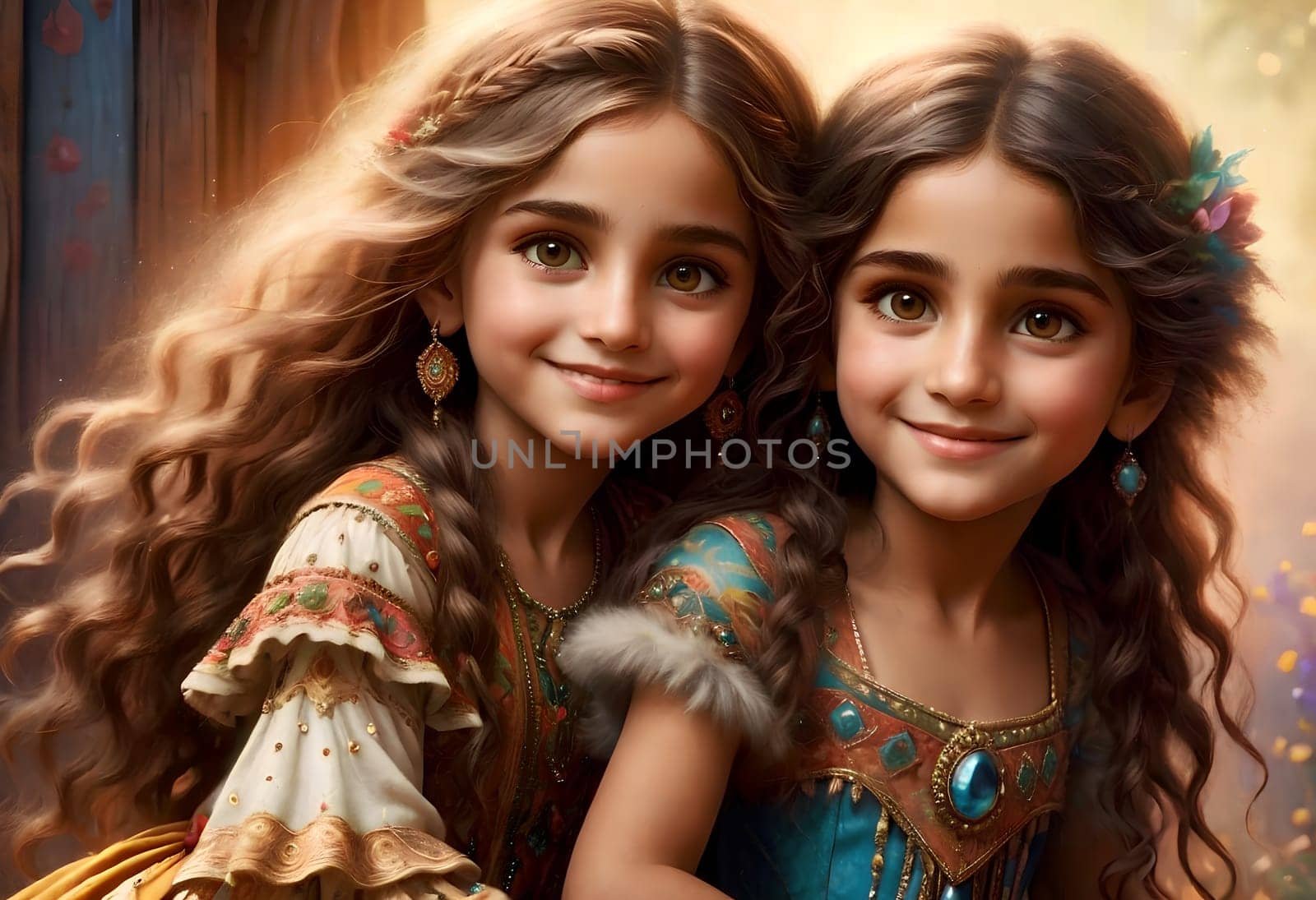 Beautiful gypsy children in elegant gypsy costumes .AI generated image.