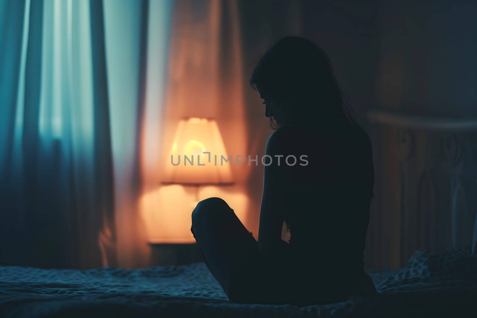 Silhouette woman sitting on the bed in the dark room with lamp, Sad woman. Neural network generated image. Not based on any actual scene or pattern.