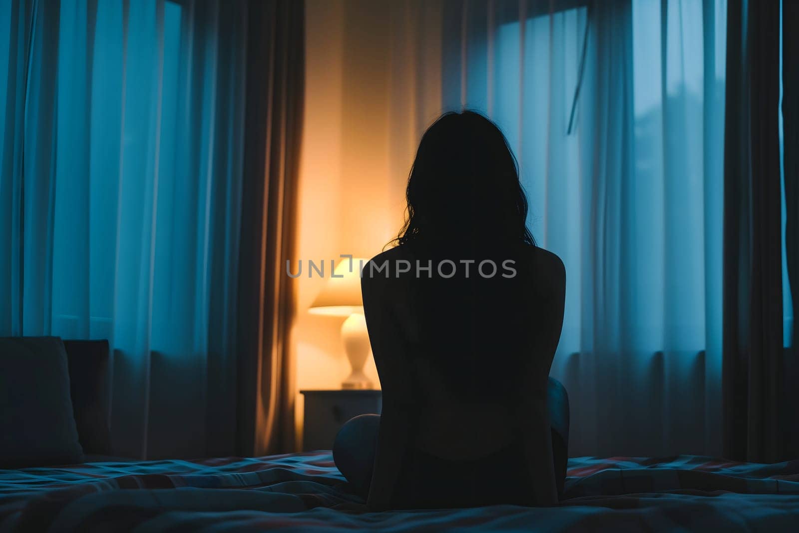 Silhouette woman sitting on the bed in the dark room with lamp, Sad woman. Neural network generated image. Not based on any actual scene or pattern.