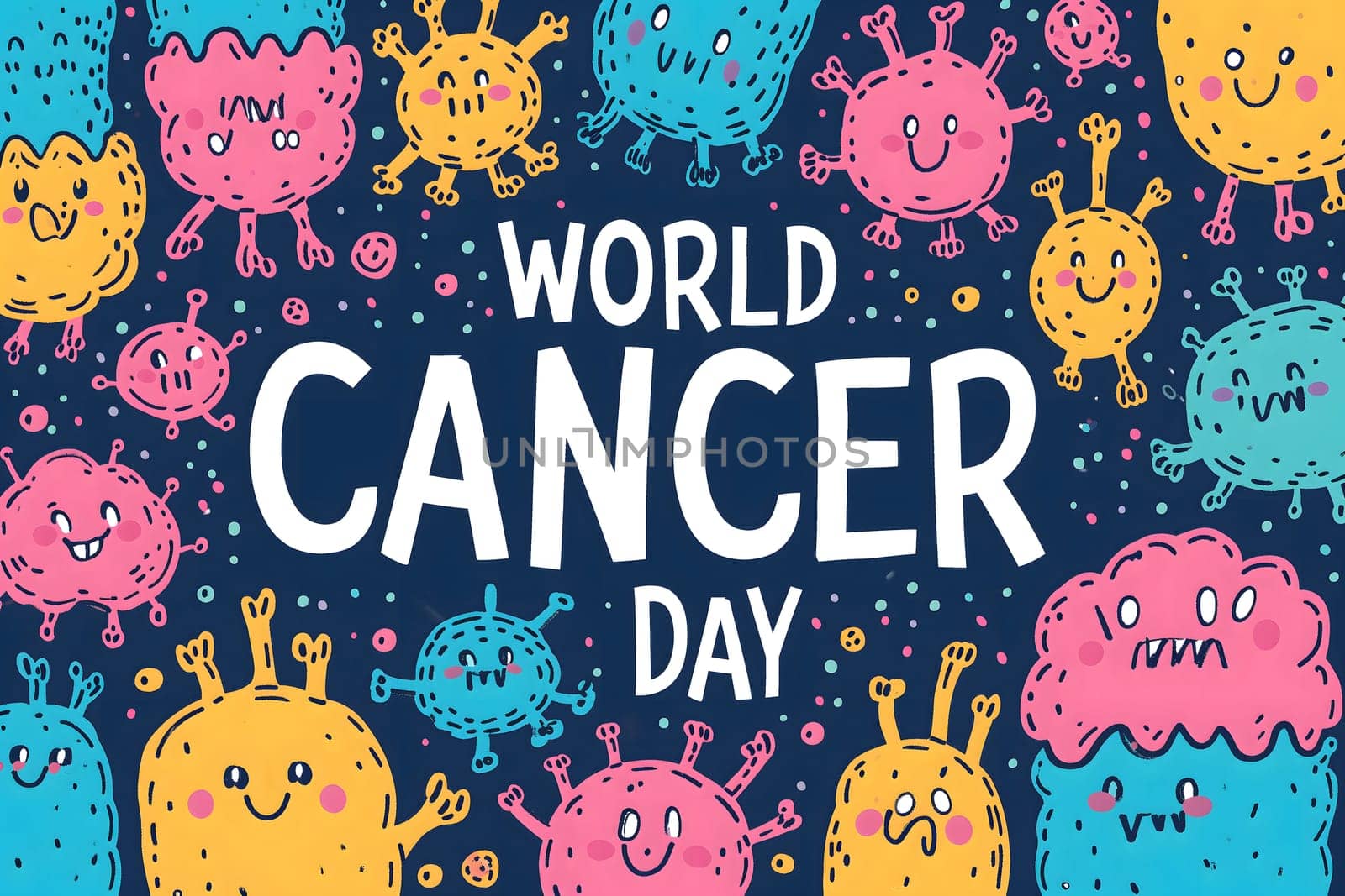 Simple cartoon world cancer day background with the inscription on it, surrounded with colorful happy tumors. Neural network generated image. Not based on any actual scene or pattern.