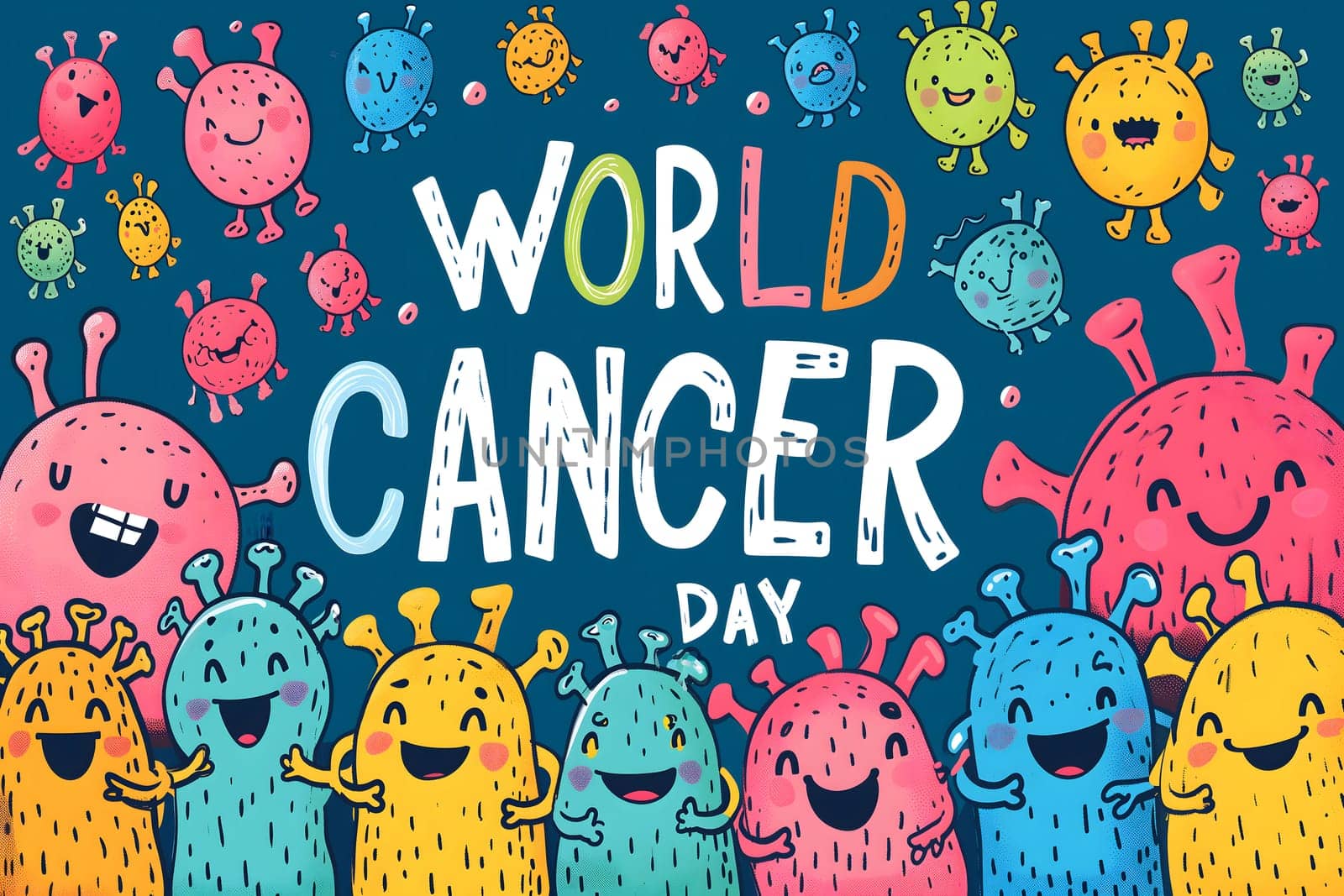 Simple cartoon world cancer day background with the inscription on it, surrounded with colorful happy tumors. Neural network generated image. Not based on any actual scene or pattern.