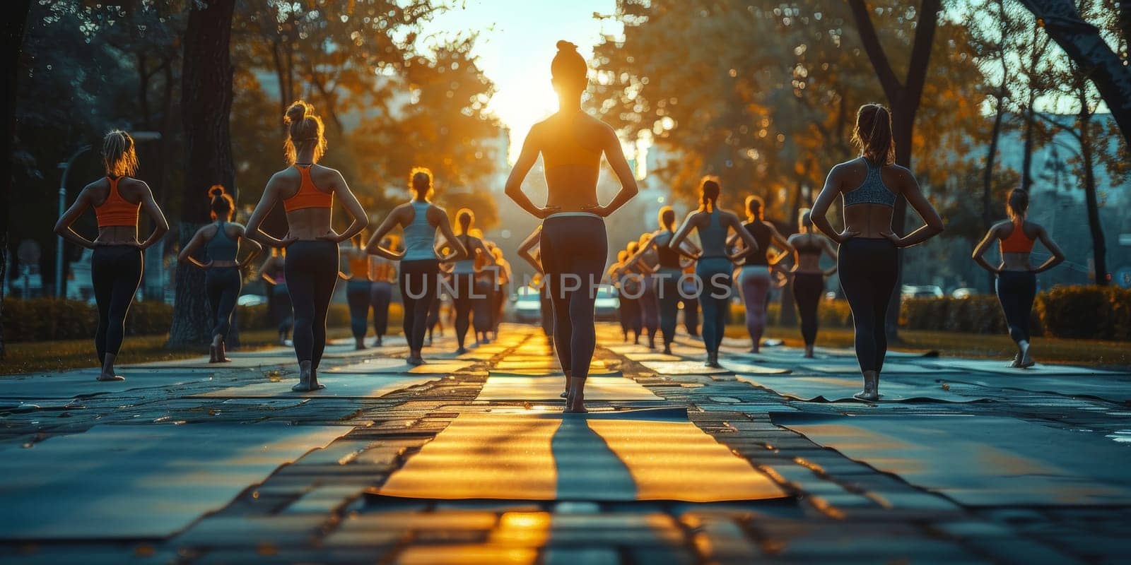 Group of adults attending a yoga class outside in park with natural background.