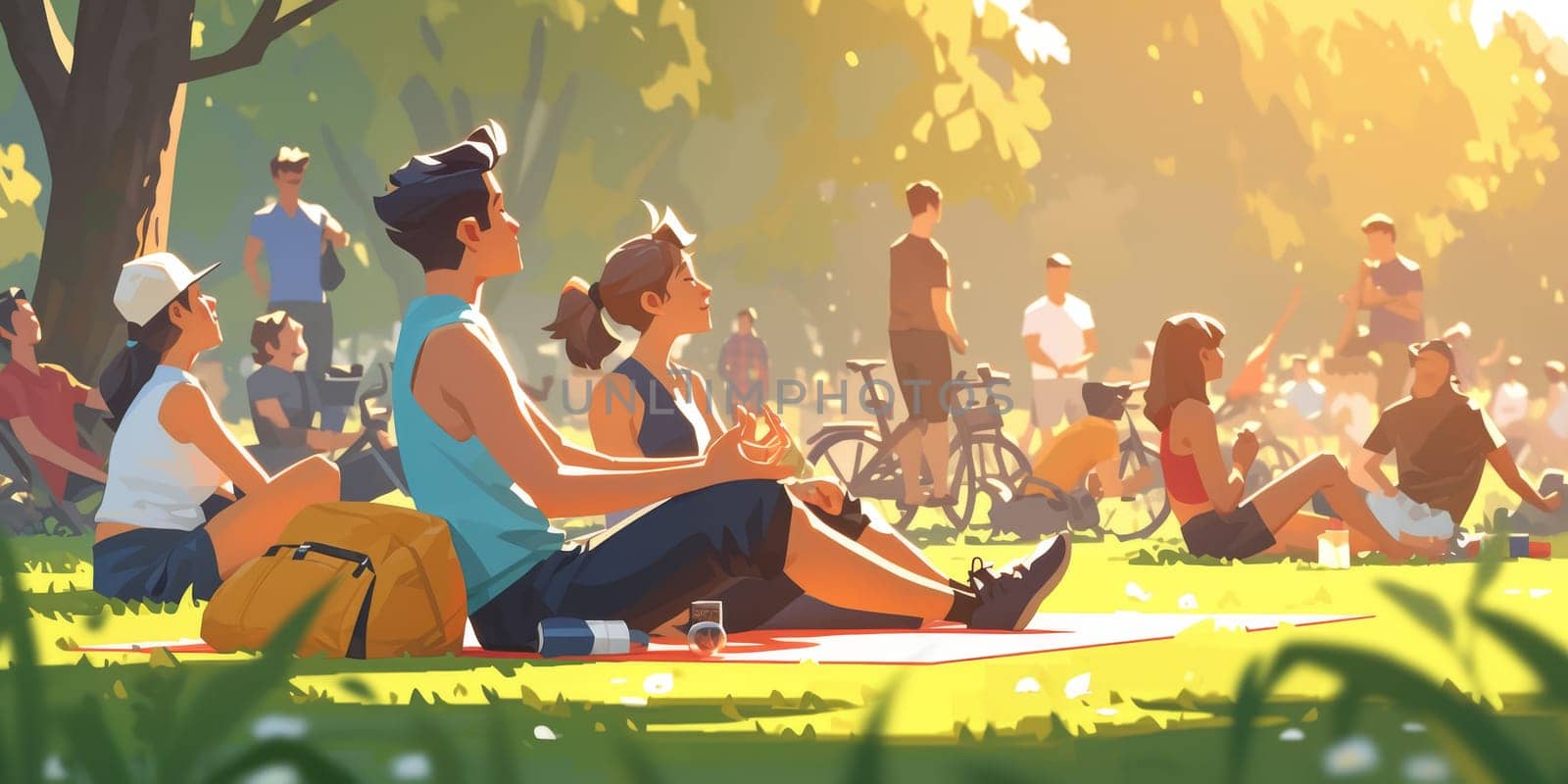 Group of adults attending a yoga class outside in park with natural background by Benzoix