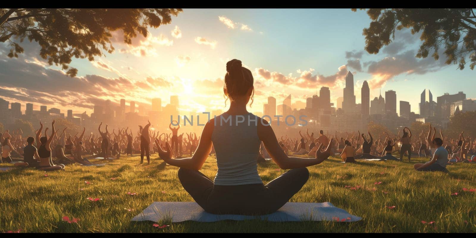 Group of adults attending a yoga class outside in park with natural background.